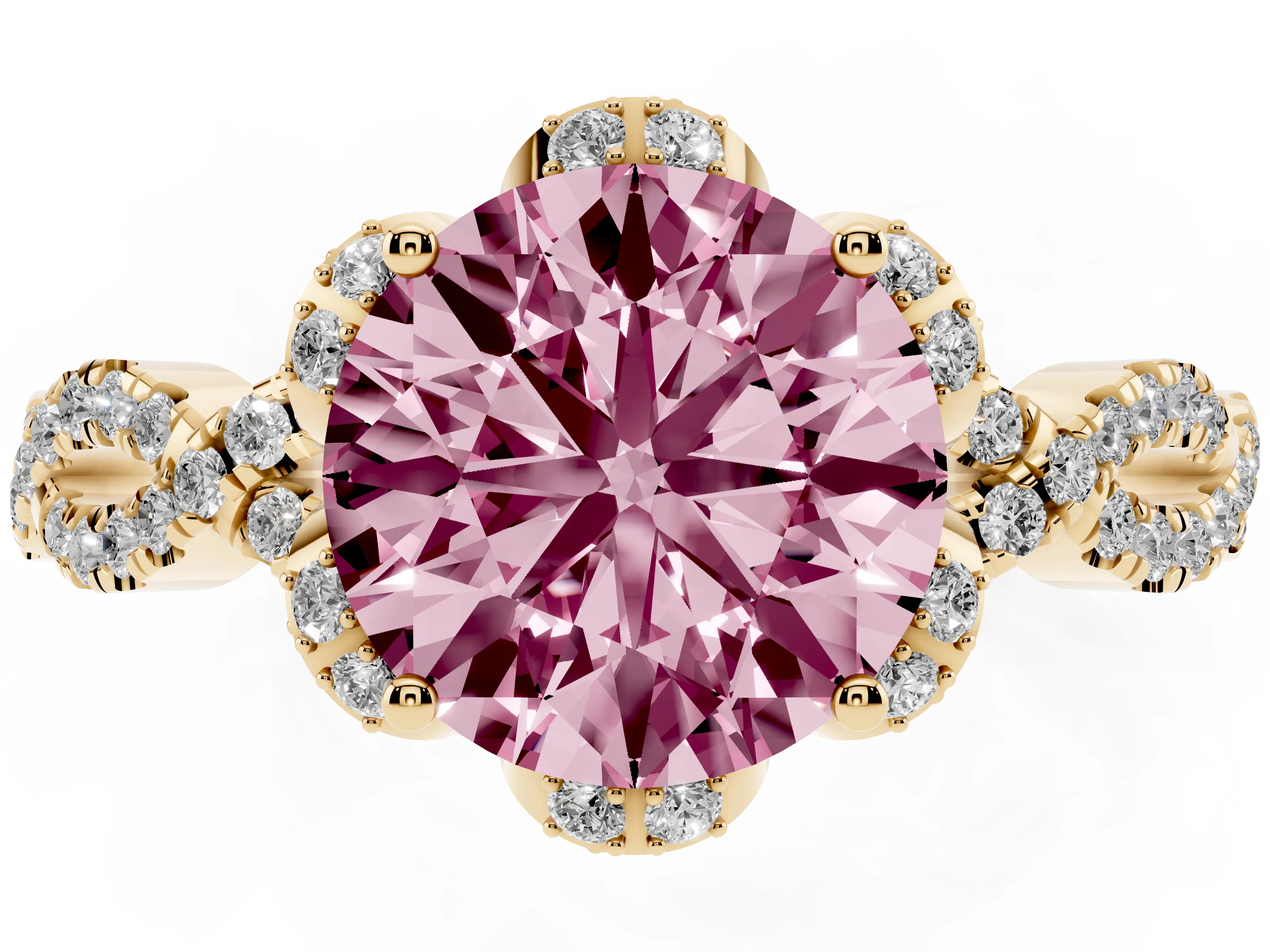 Fancy Pink Round Cut Diamond Halo Twist Band Solitaire Ring Set in Yellow gold with Prong-Set Center Stone