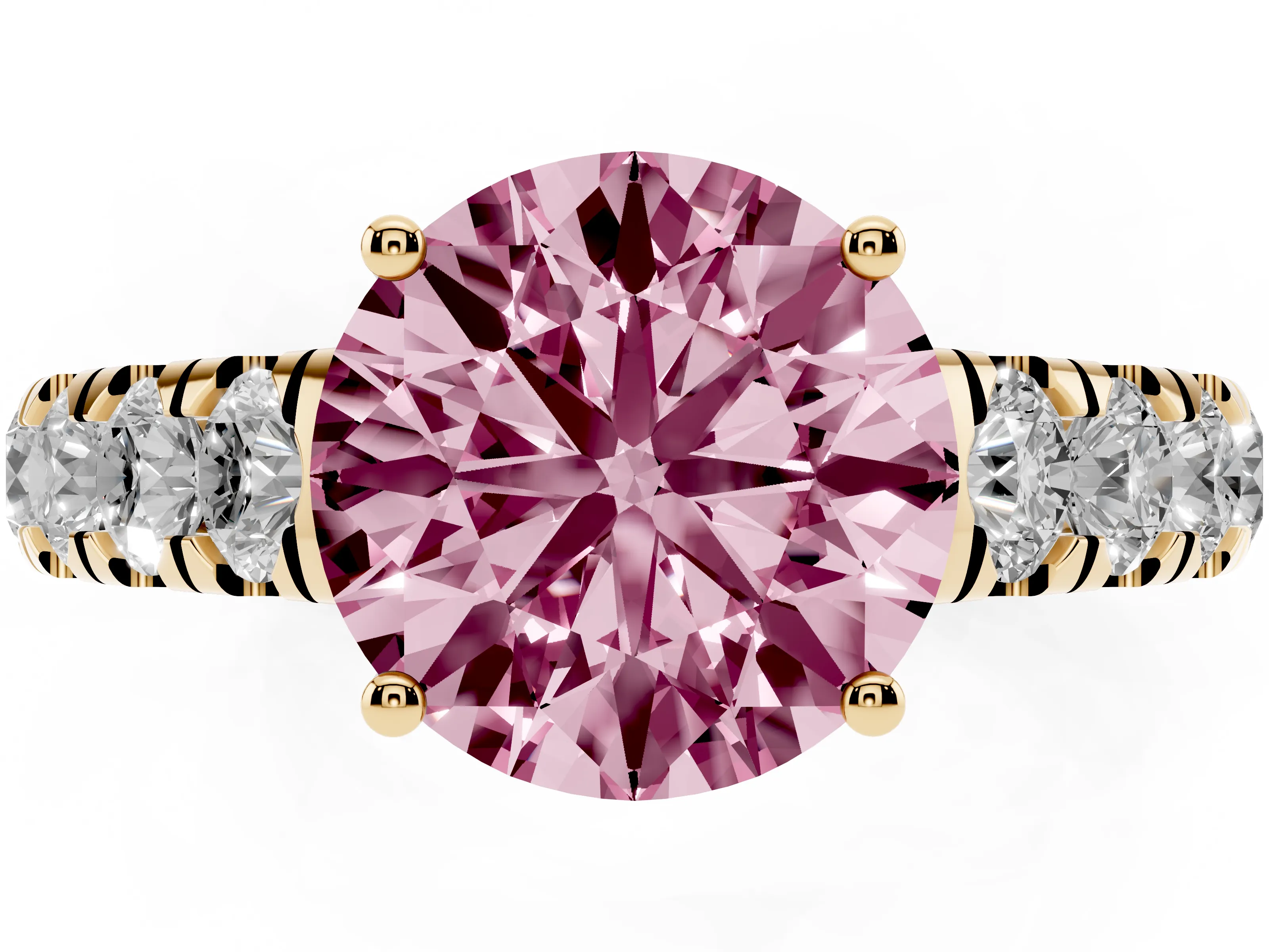 Fancy Pink Round Cut Diamond Solitaire Ring Set in Yellow gold with Cut-Down Micro Pavé Band and Prong Setting