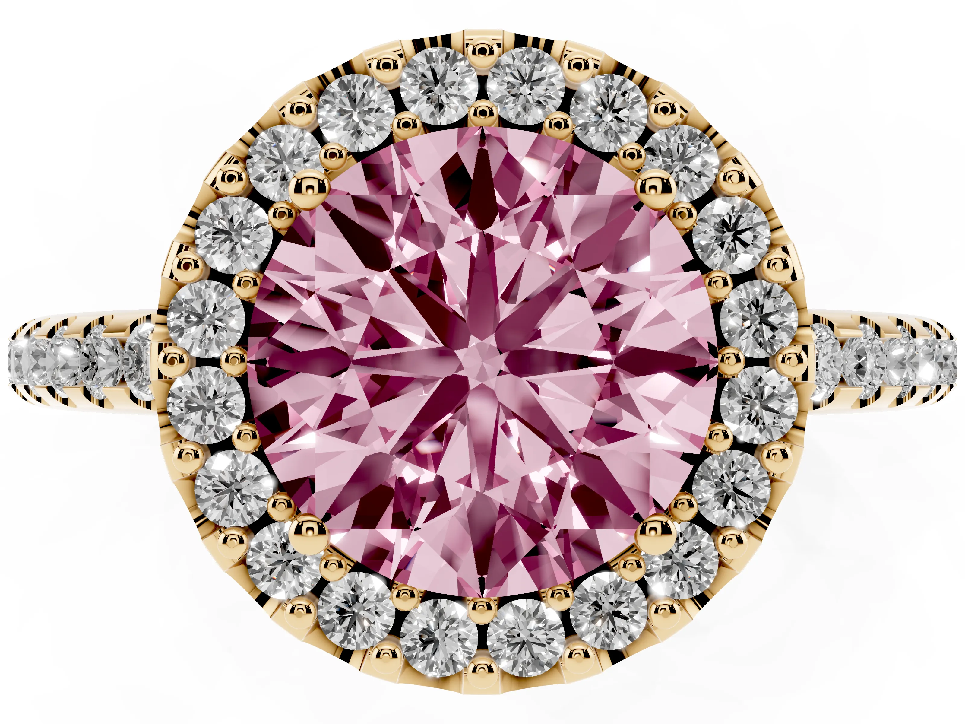 Fancy Pink Round Cut Diamond Pavé Halo Ring Set in Yellow gold with Prong Setting