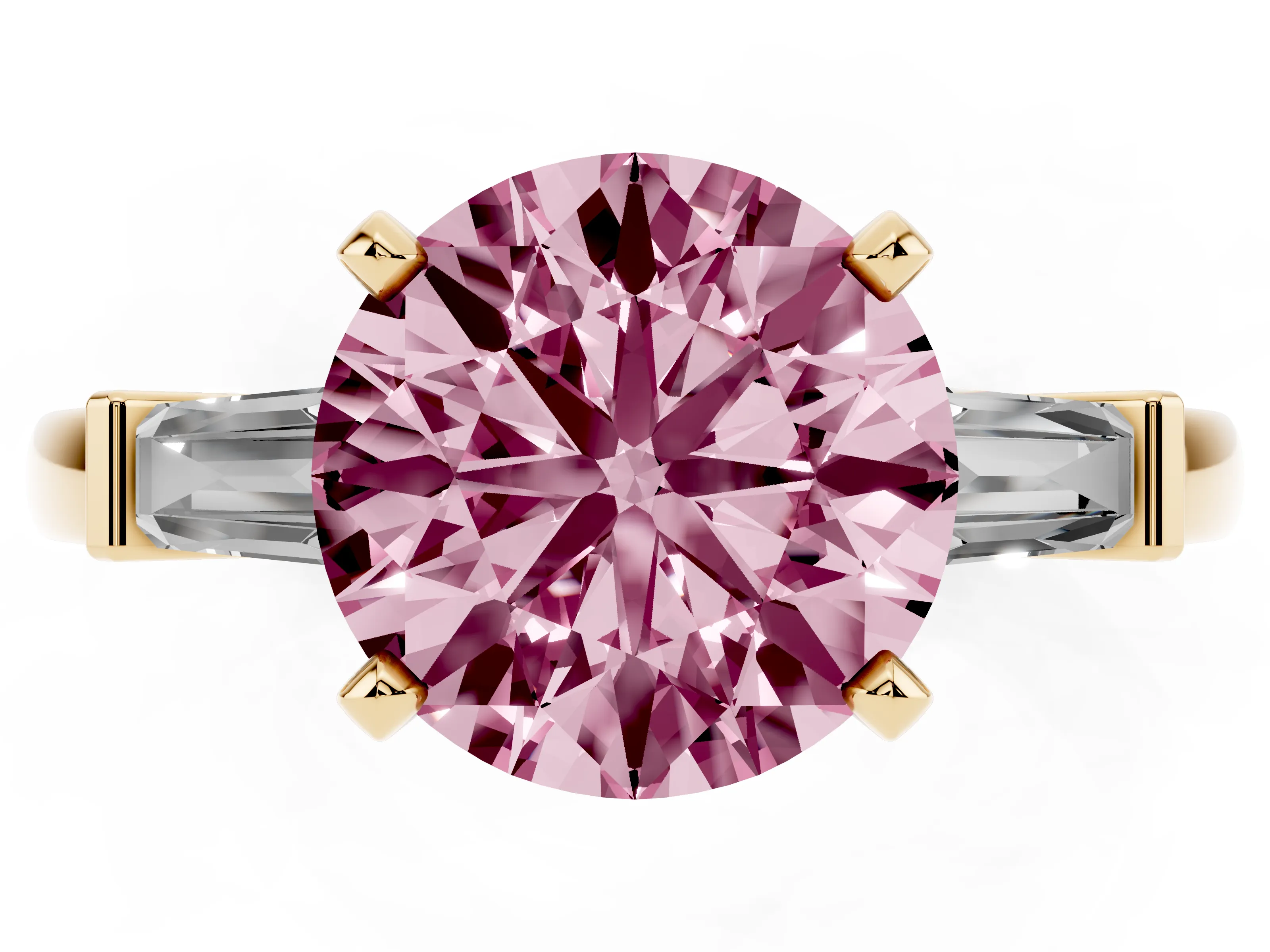Fancy Pink Round Cut Diamond Solitaire Ring Set in Yellow gold with Tapered Baguette Accents and Prong Setting