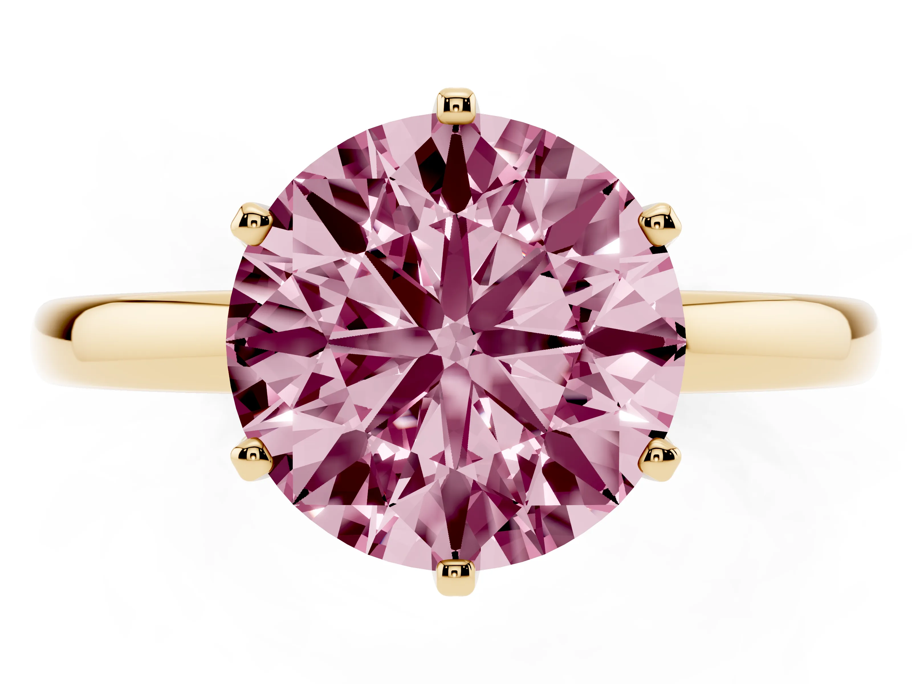 Fancy Pink Round Cut Diamond Solitaire Ring Set in Yellow gold with Raised Prong Setting on a Classic Band