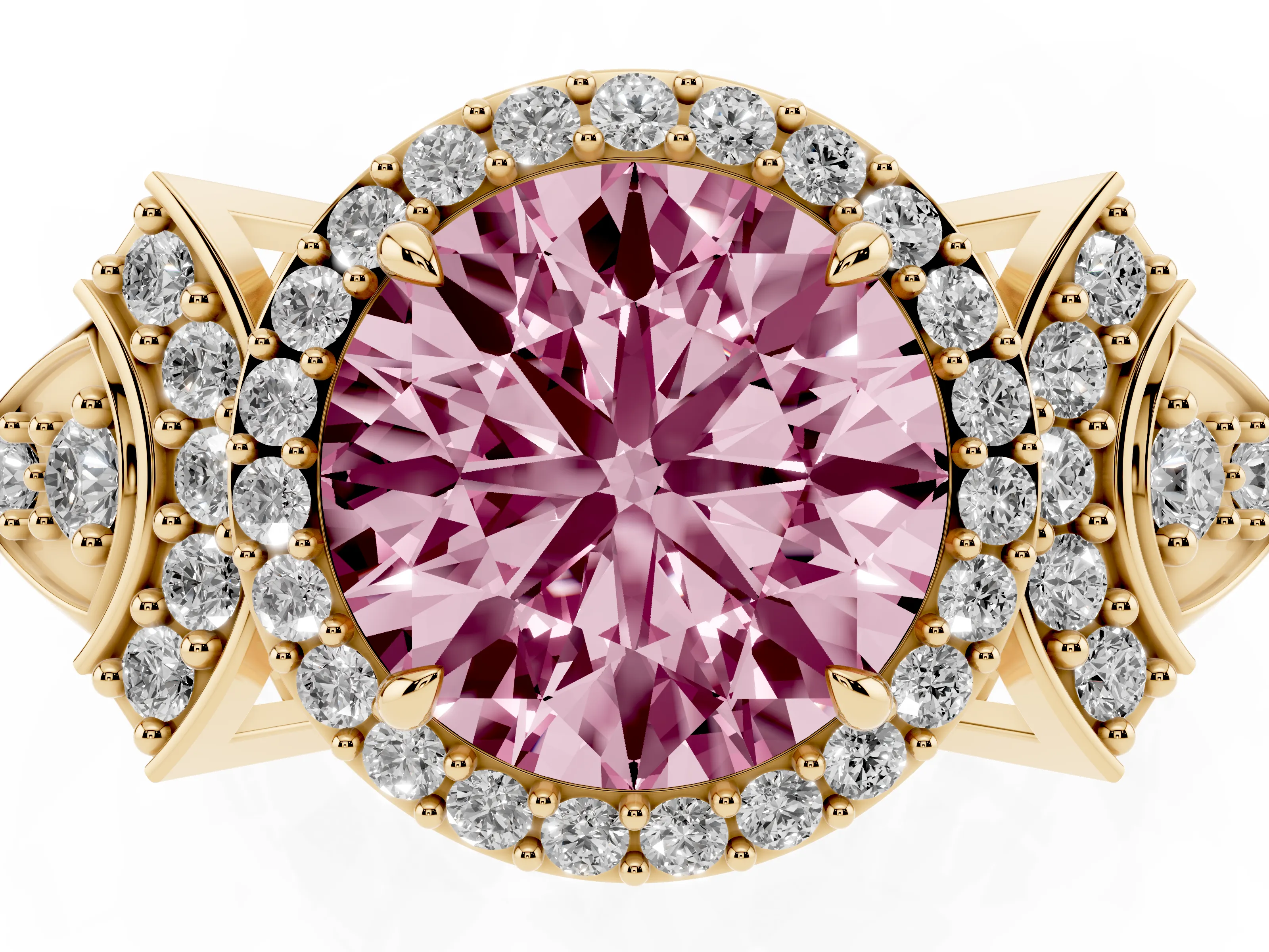 Fancy Pink Round Cut Diamond Halo Engagement Ring Set in Yellow gold with Accent Stone Split Shank