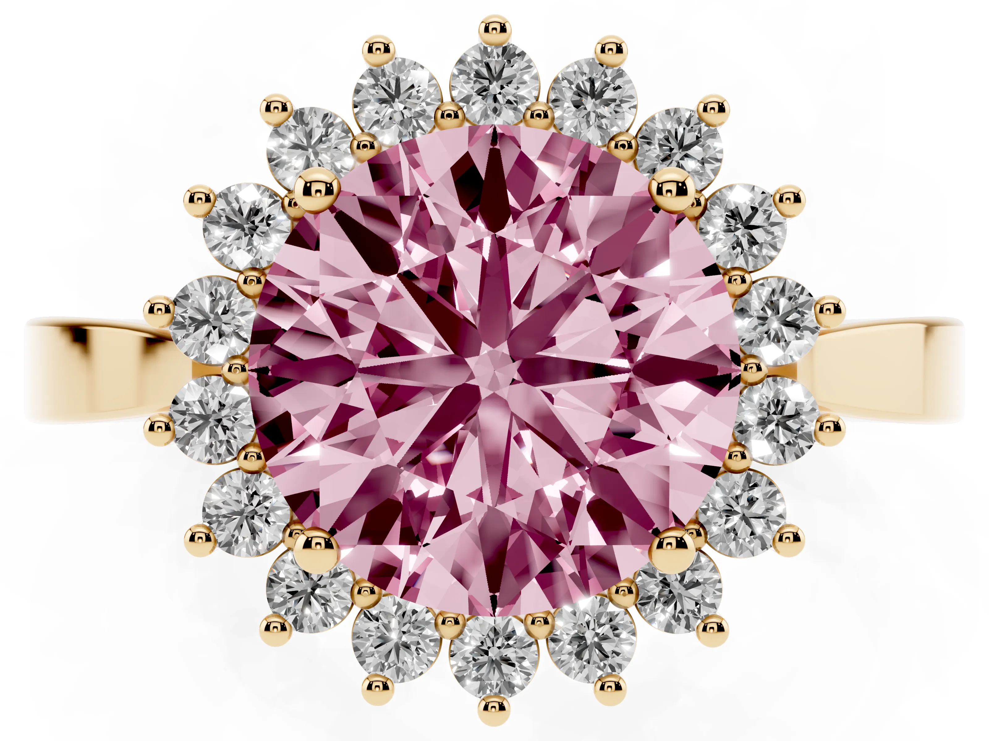 Fancy Pink Round Cut Diamond Halo Ring Set in Yellow gold with Round Halo and Smooth Solitaire Band