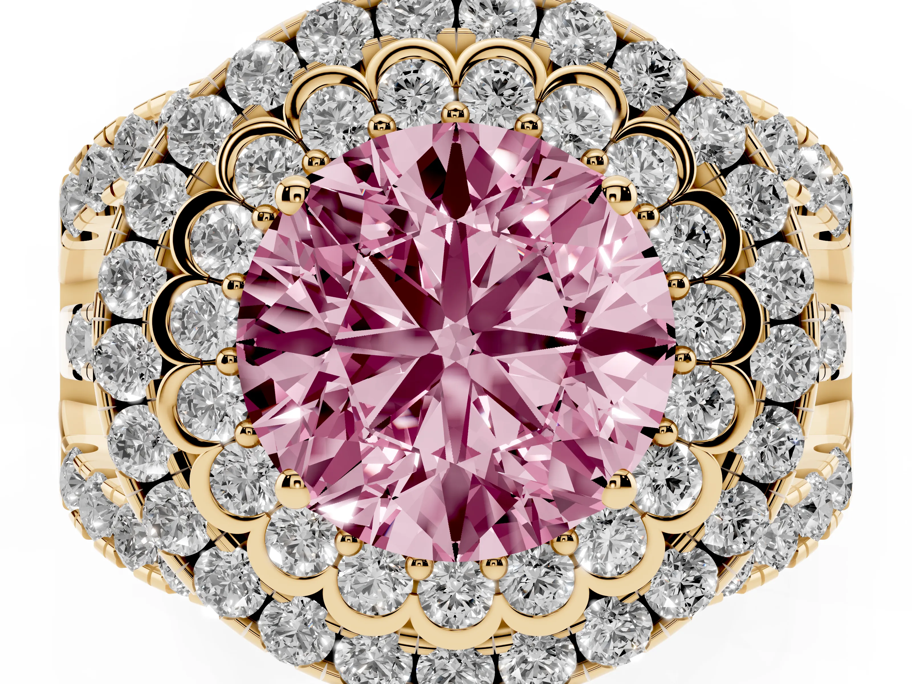 Fancy Pink Round Cut Diamond Double Halo Ring Set in Yellow gold with Round Pavé Split Shank