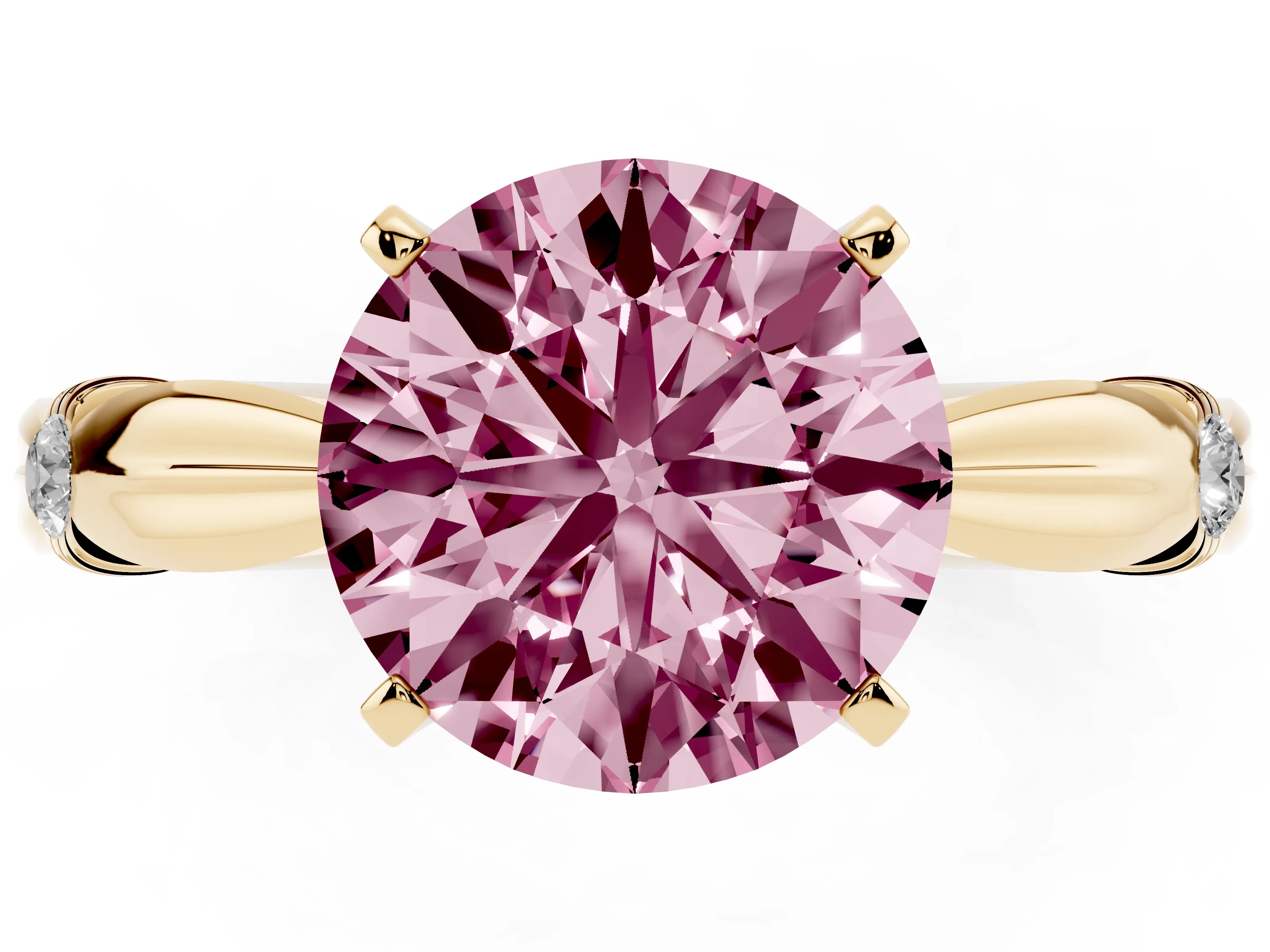 Fancy Pink Round Cut Diamond Solitaire Twisted Band Ring Set in Yellow gold with Accent Stones and Prong Setting