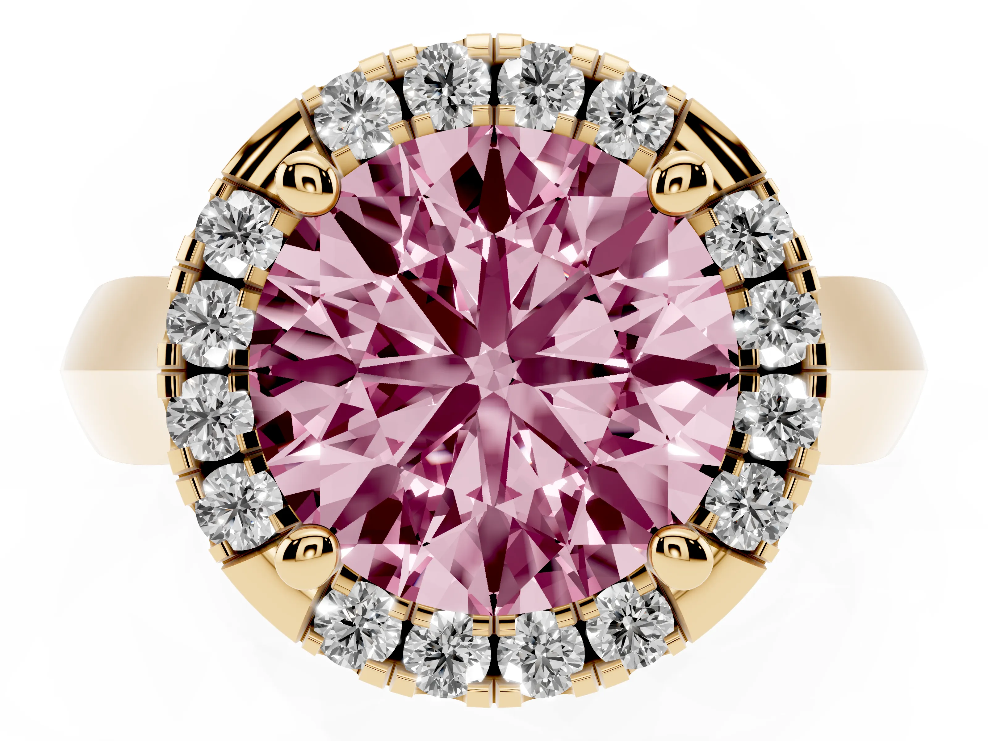 Fancy Pink Round Cut Diamond Halo Solitaire Engagement Ring Set in Yellow gold with Square Band and Prong Setting