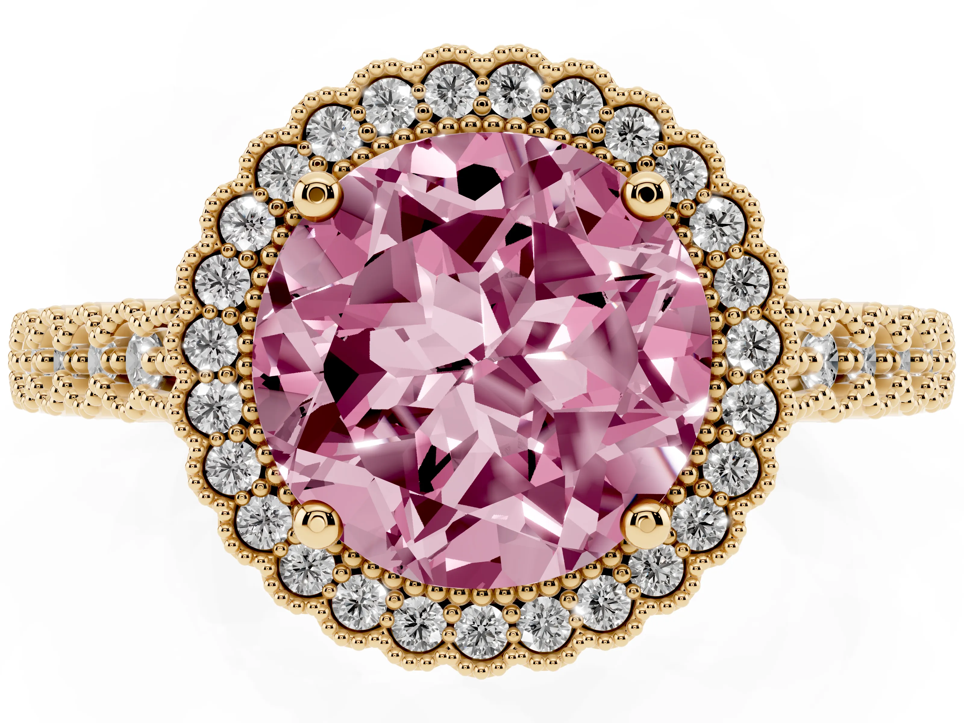 Fancy Pink Round Cut Diamond Halo Ring Set in Yellow gold with Pavé Milgrain Band