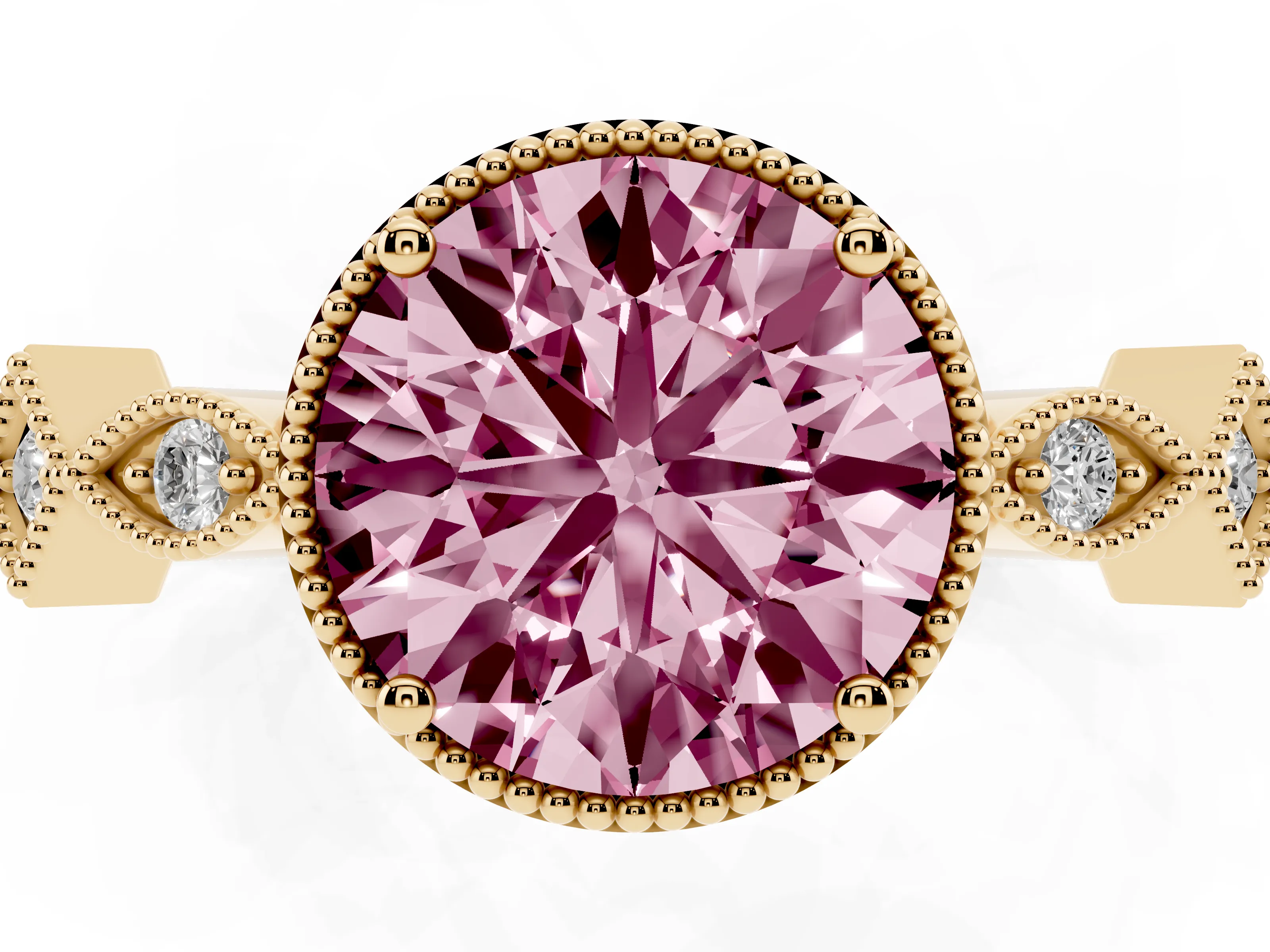 Fancy Pink Round Cut Diamond Milgrain Marquise Twist Band Ring Set in Yellow gold with Prong Setting