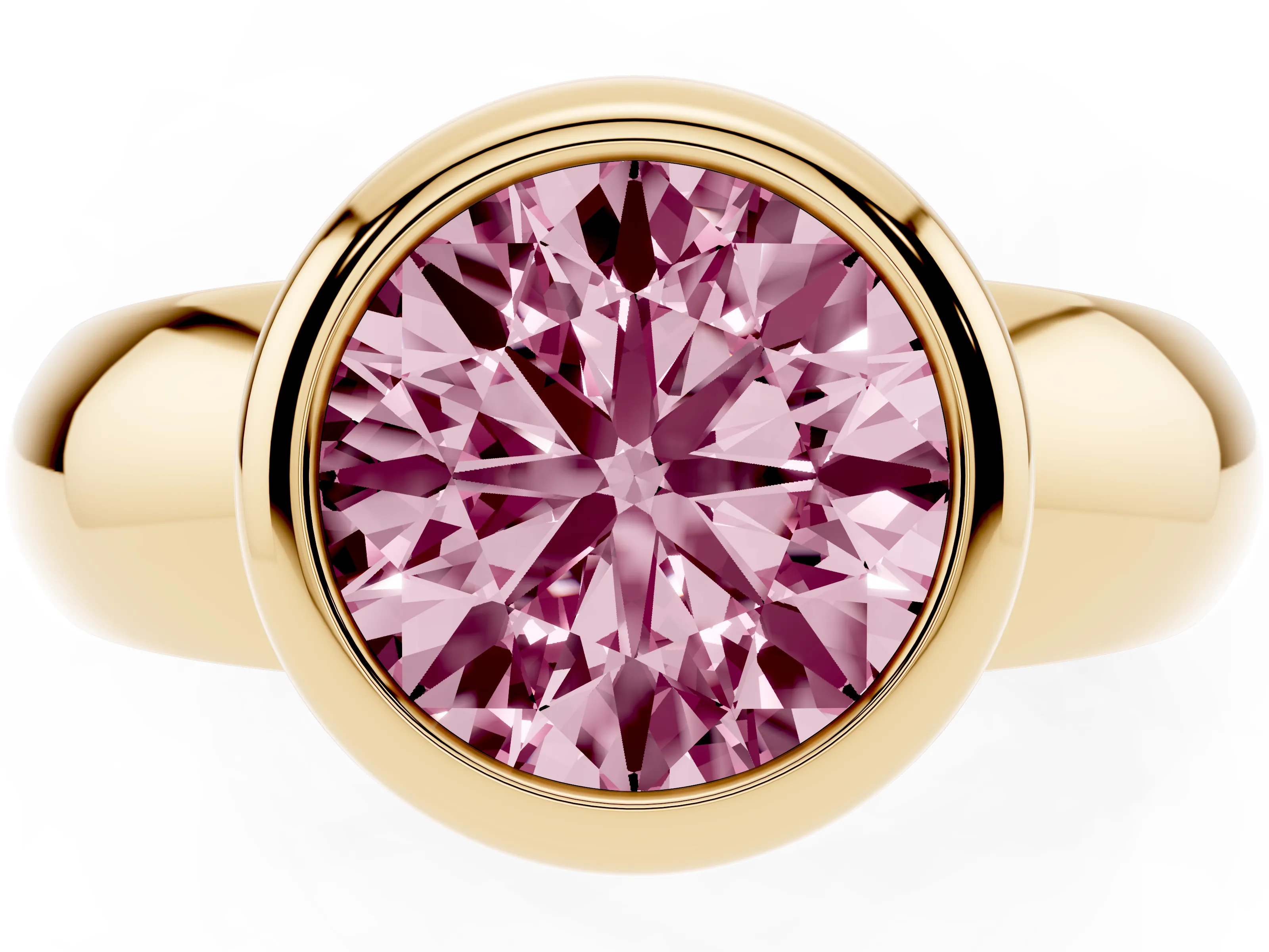 Fancy Pink Bezel Set Round Cut Diamond Solitaire Ring Set in Yellow gold with Wide Band