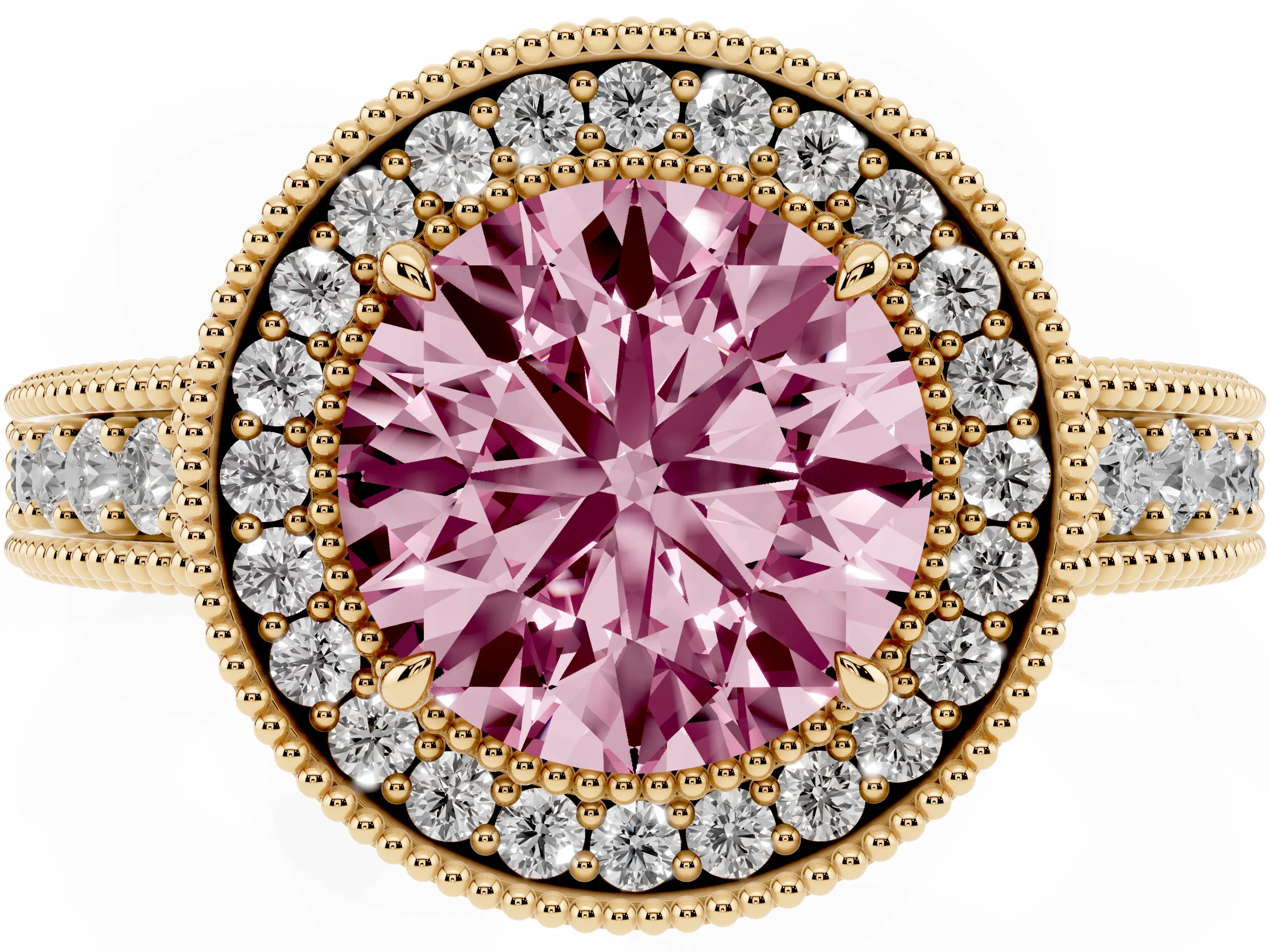 Fancy Pink Round Cut Diamond Halo Ring Set in Yellow gold with Round Accent Halo, Pavé Band and Prong Setting
