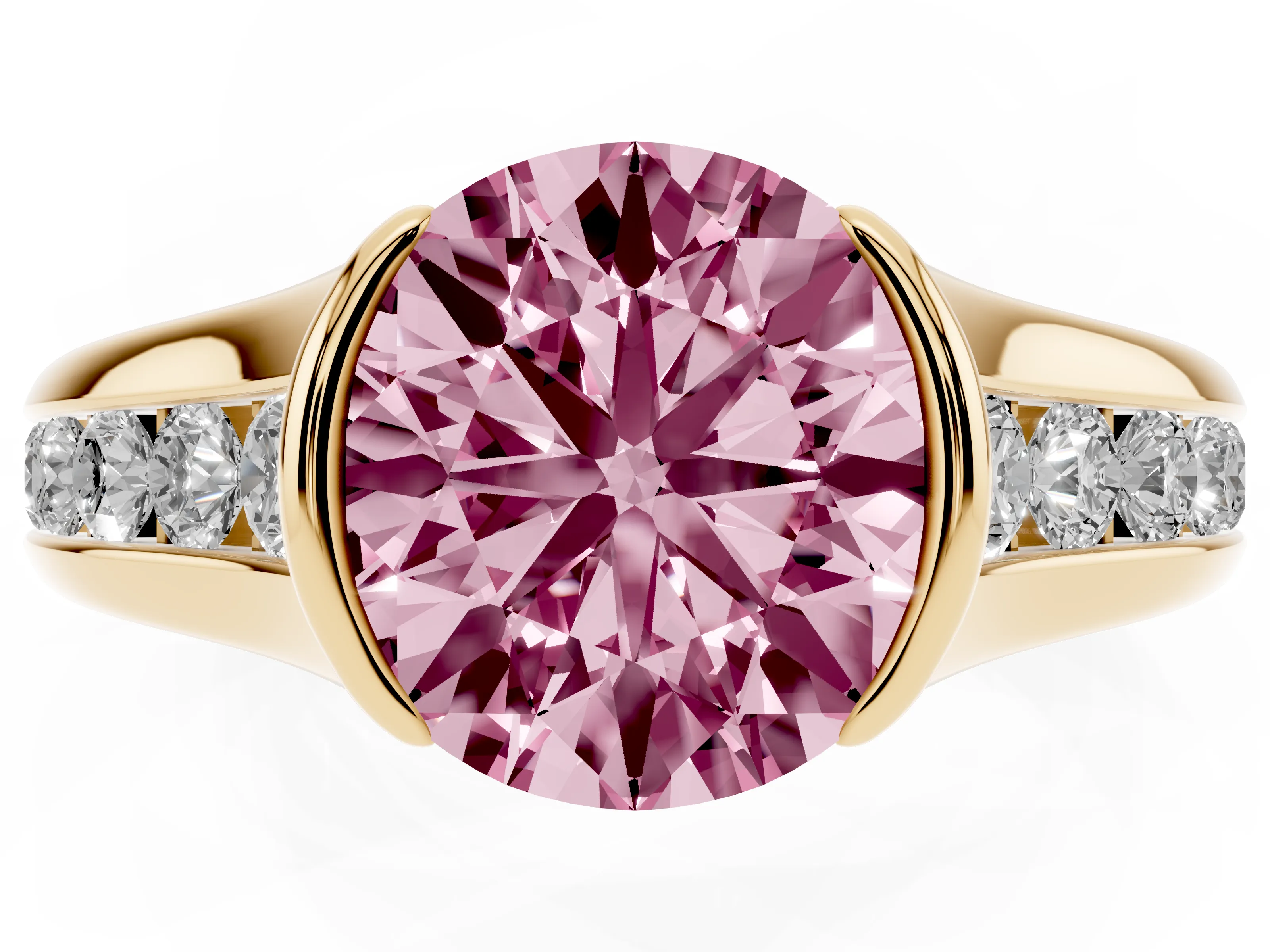 Fancy Pink Round Cut Diamond Bezel-Set Solitaire Ring Set in Yellow gold with Channel-Set Band