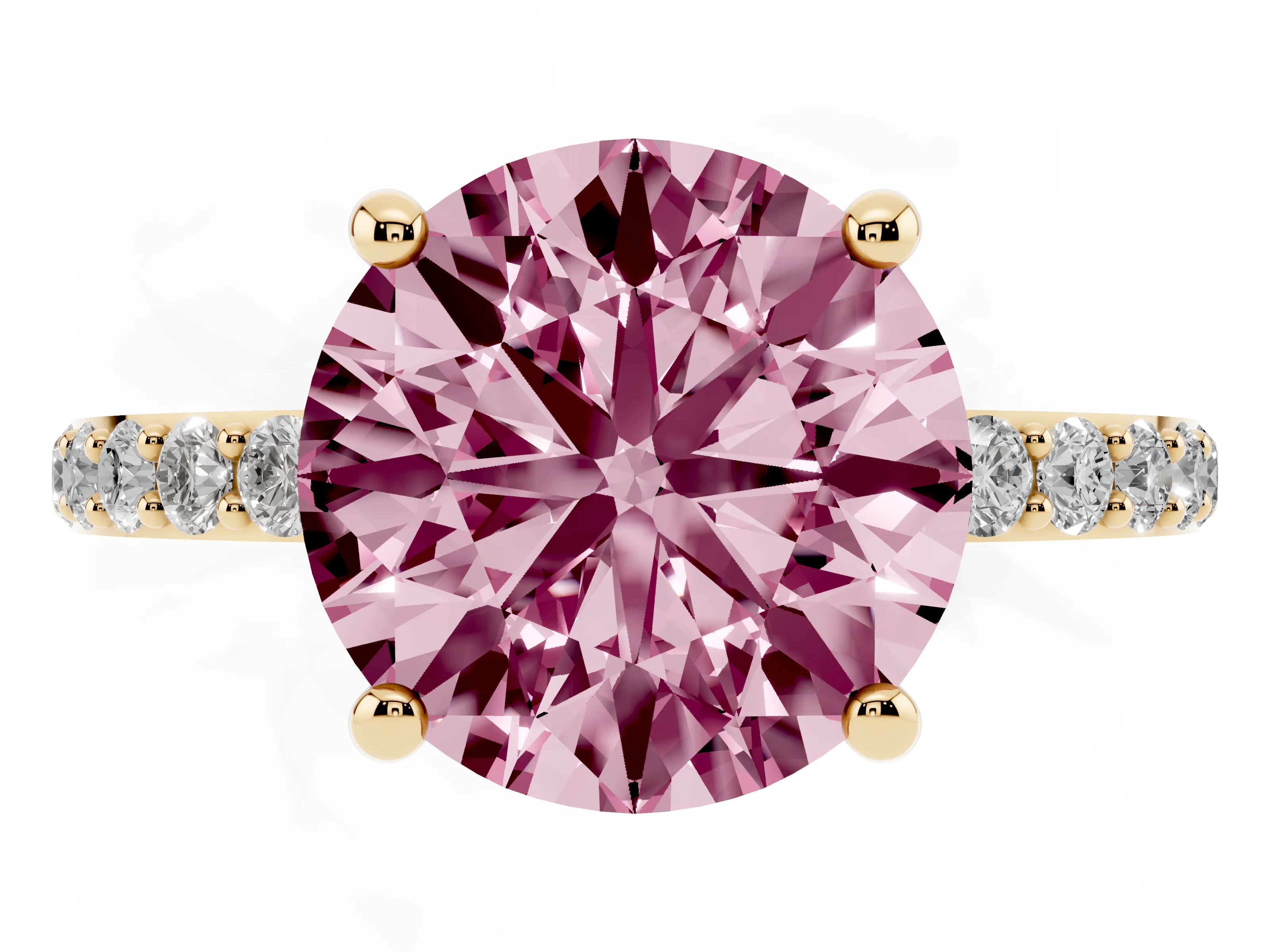 Fancy Pink Round Cut Diamond Solitaire Ring Set in Yellow gold with Round Pavé Band and Prong Setting