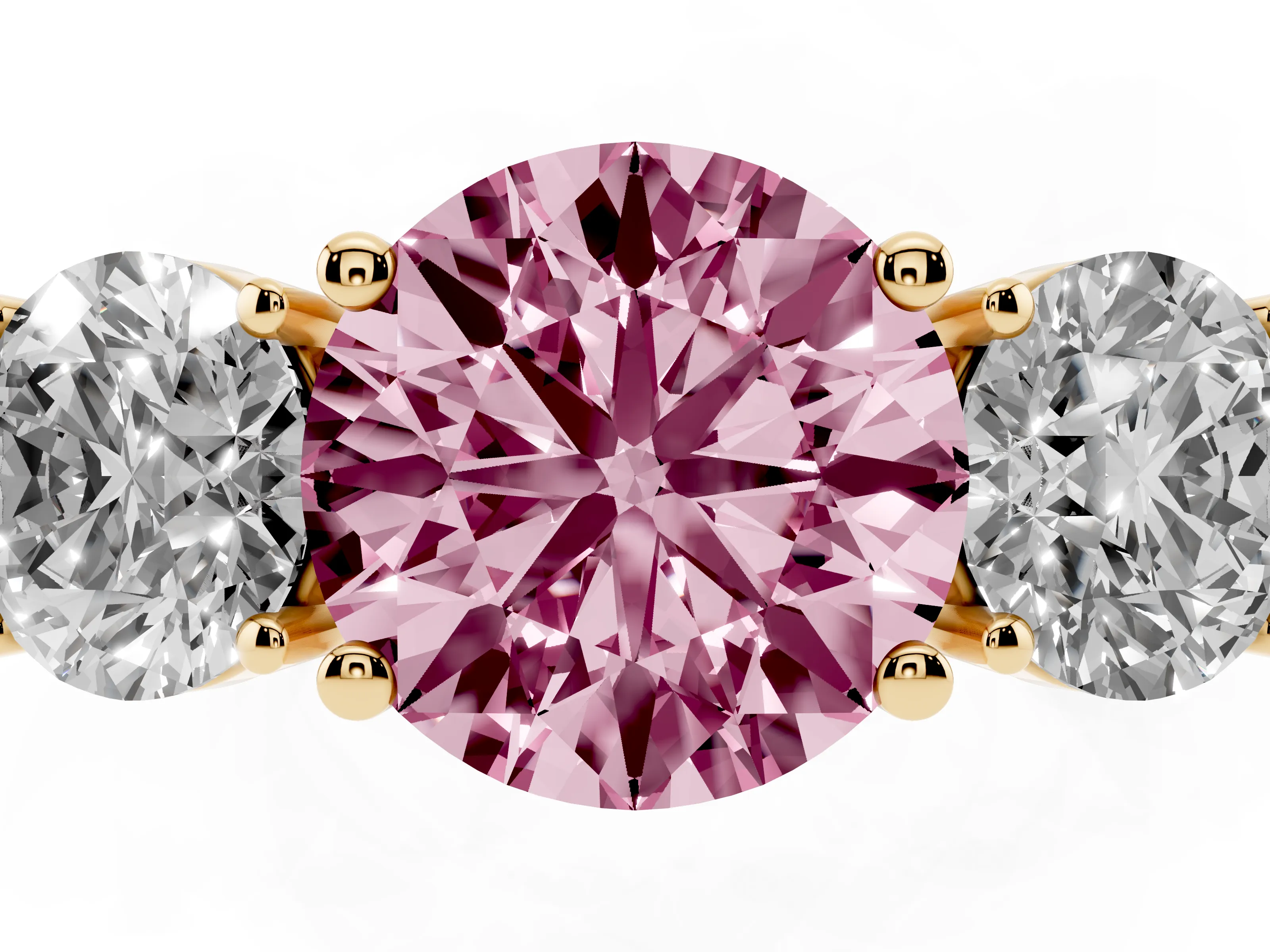 Fancy Pink Round Cut Diamond Three-Stone Engagement Ring Set in Yellow gold with Flat Band