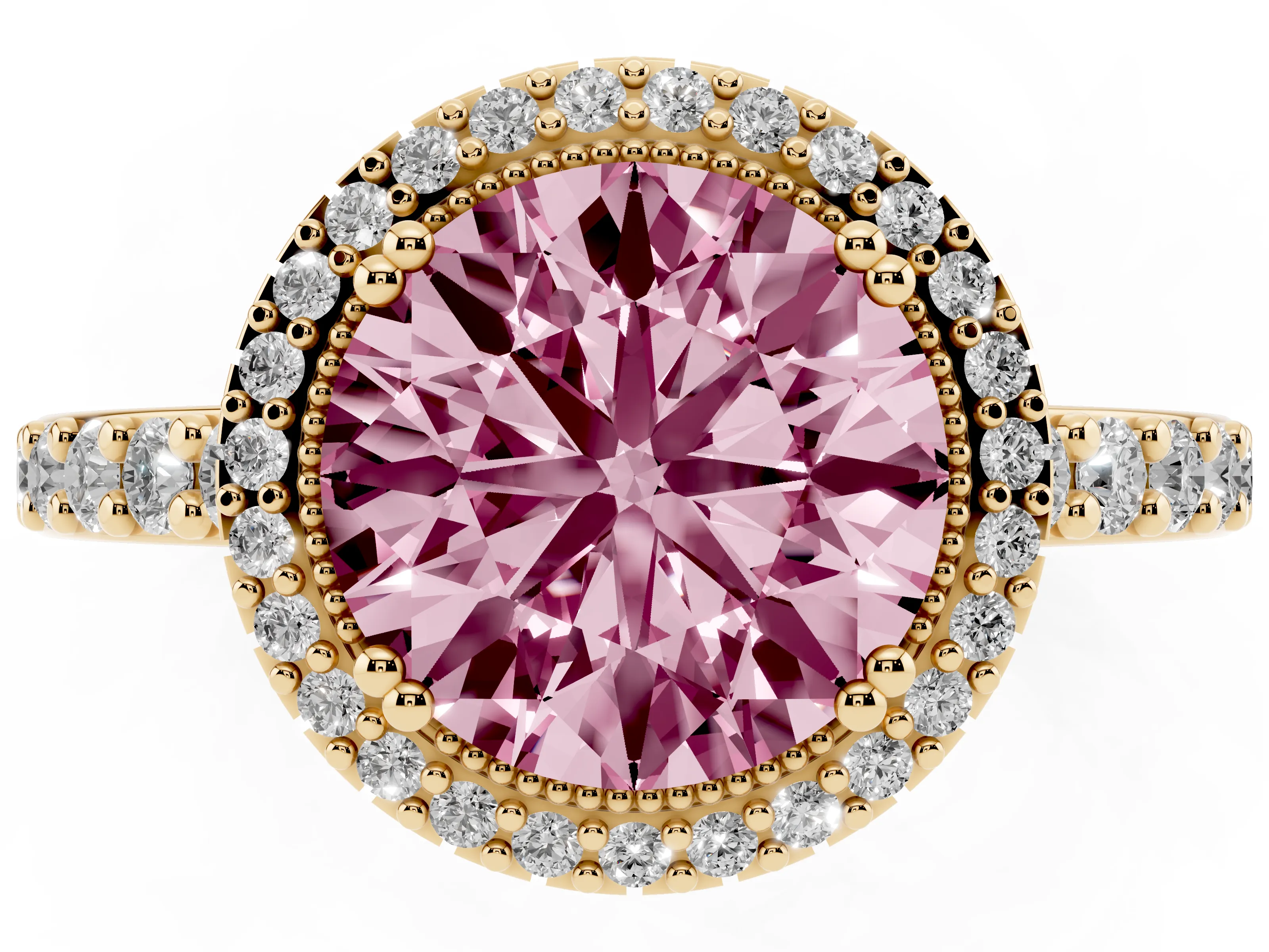 Fancy Pink Round Cut Diamond Halo Engagement Ring Set in Yellow gold with Milgrain Detail and Pavé Band