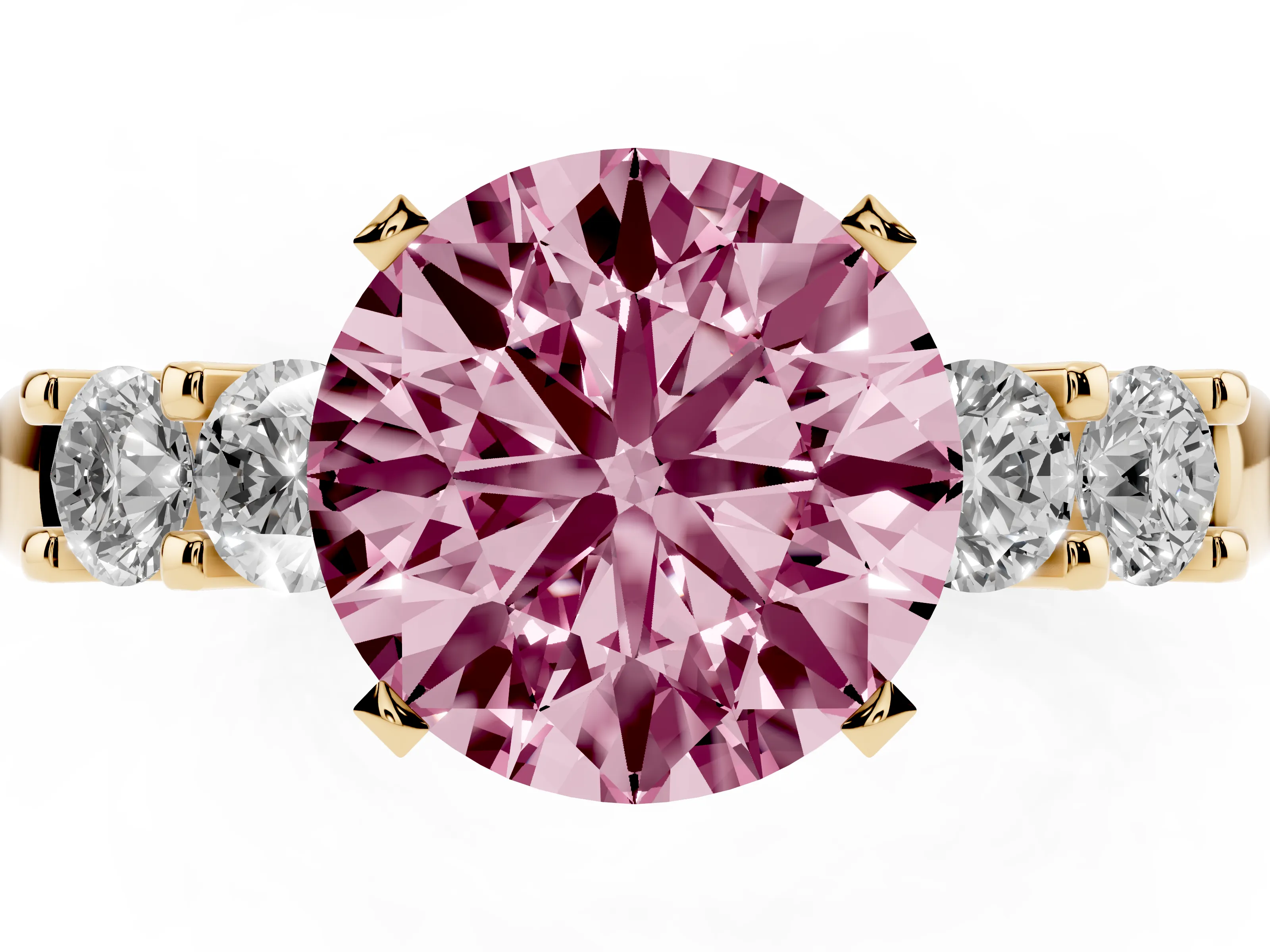 Fancy Pink Round Cut Diamond Five-Stone Prong Set Engagement Ring Set in Yellow gold with Channel Band