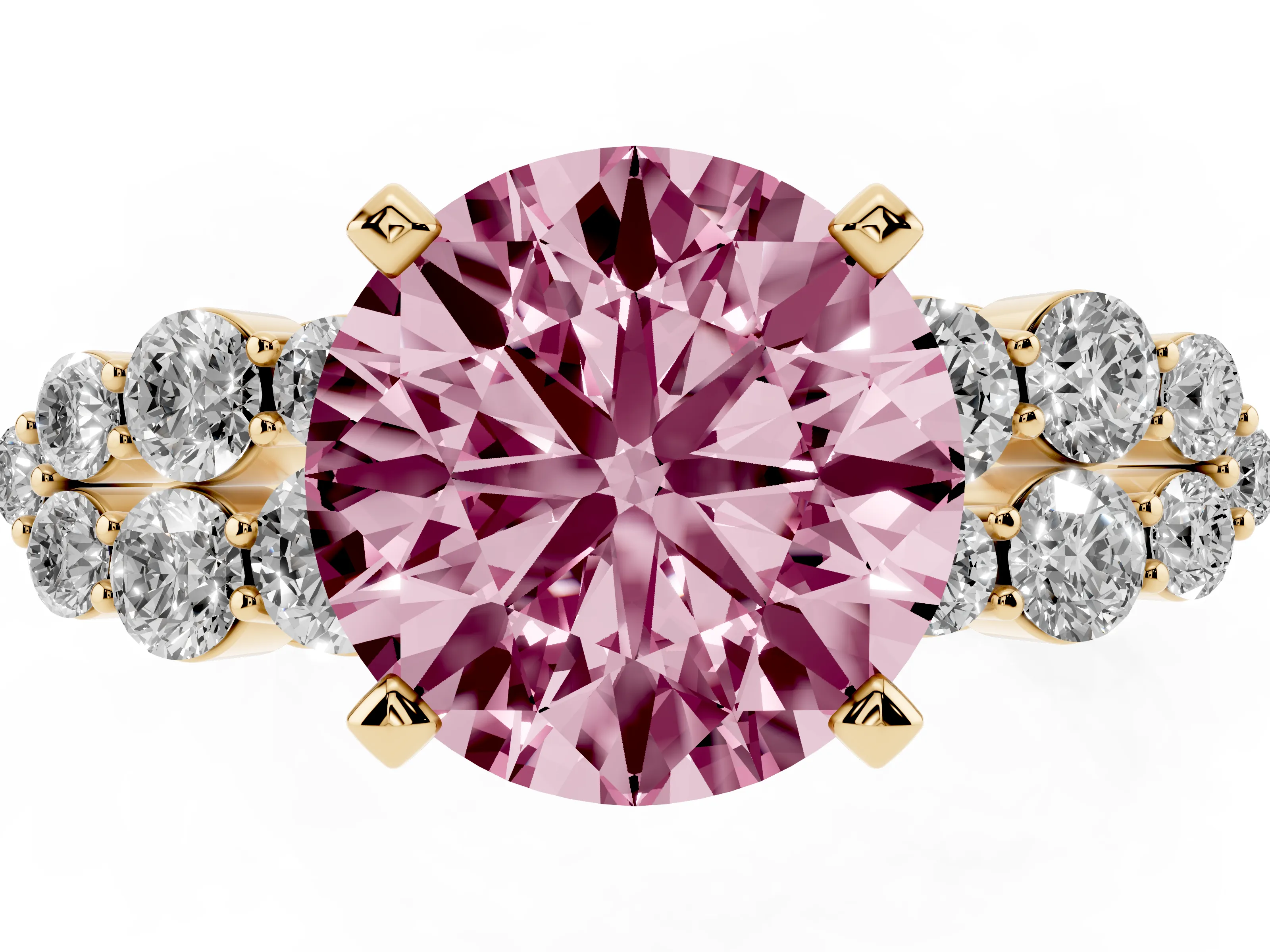 Fancy Pink Round Cut Diamond Cluster Engagement Ring Set in Yellow gold with Pavé Band and Prong Setting