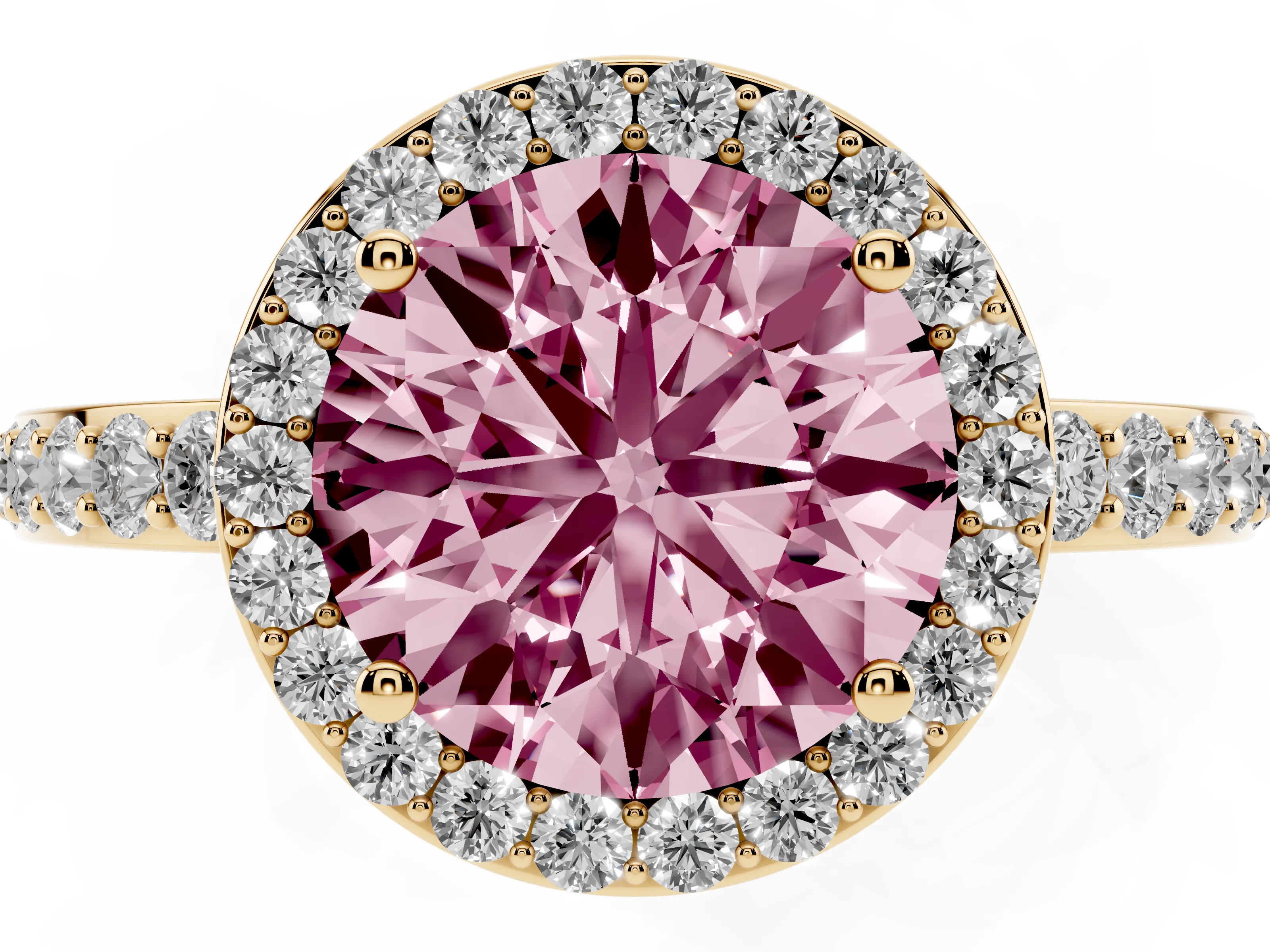 Fancy Pink Round Cut Diamond Halo Ring Set in Yellow gold with Pavé-Setting Band and Open Prong Center