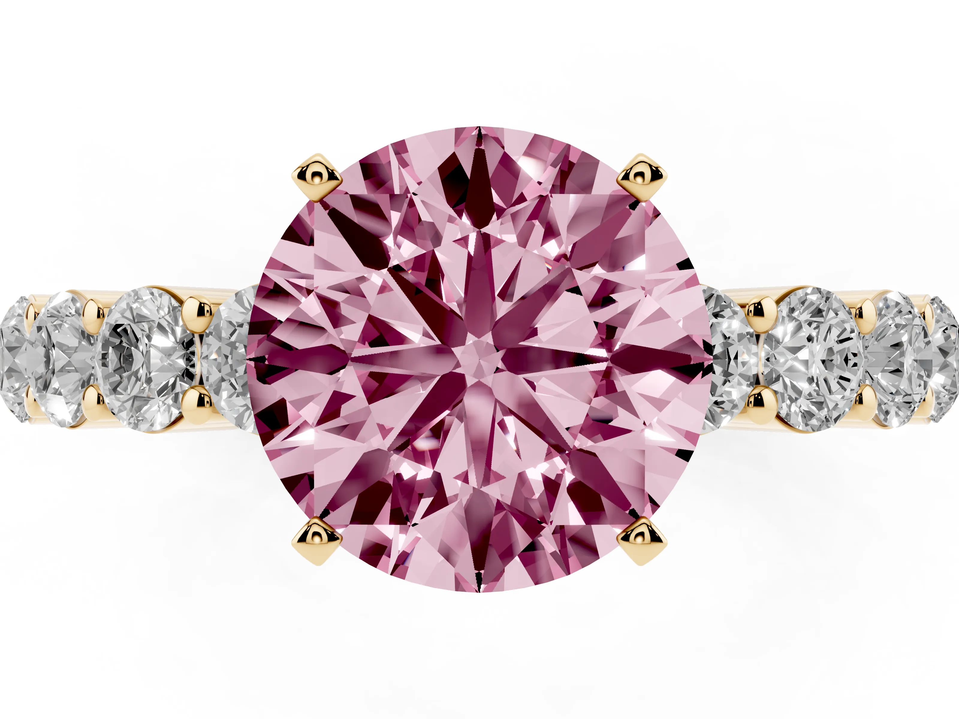 Fancy Pink Round Cut Diamond Solitaire Ring Set in Yellow gold with Shared Prong Round Side Stones