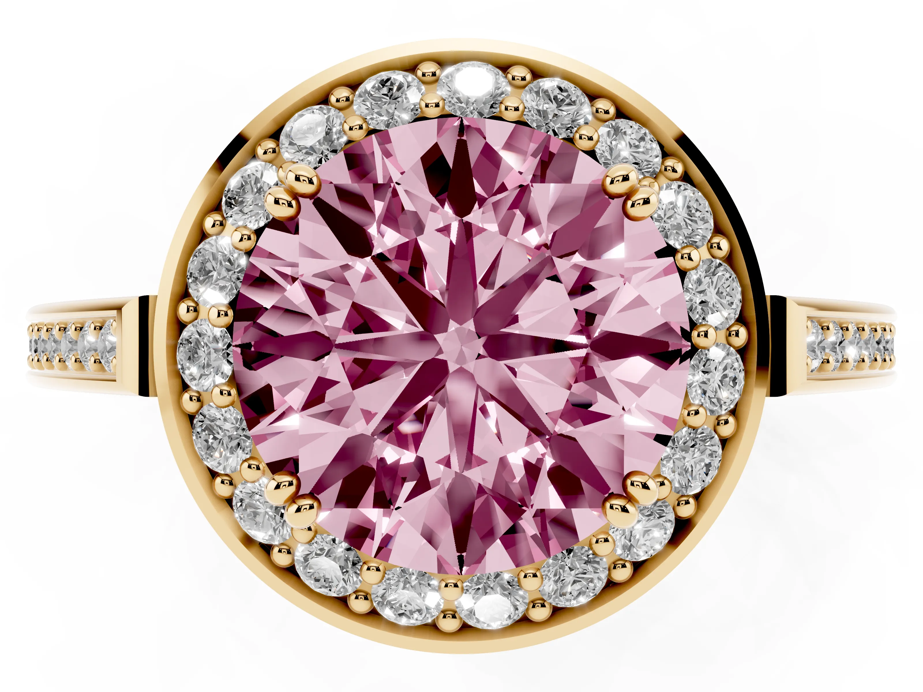 Fancy Pink Round Cut Diamond Halo Ring Set in Yellow gold with Accent-Lined Split Shank and Prong Setting