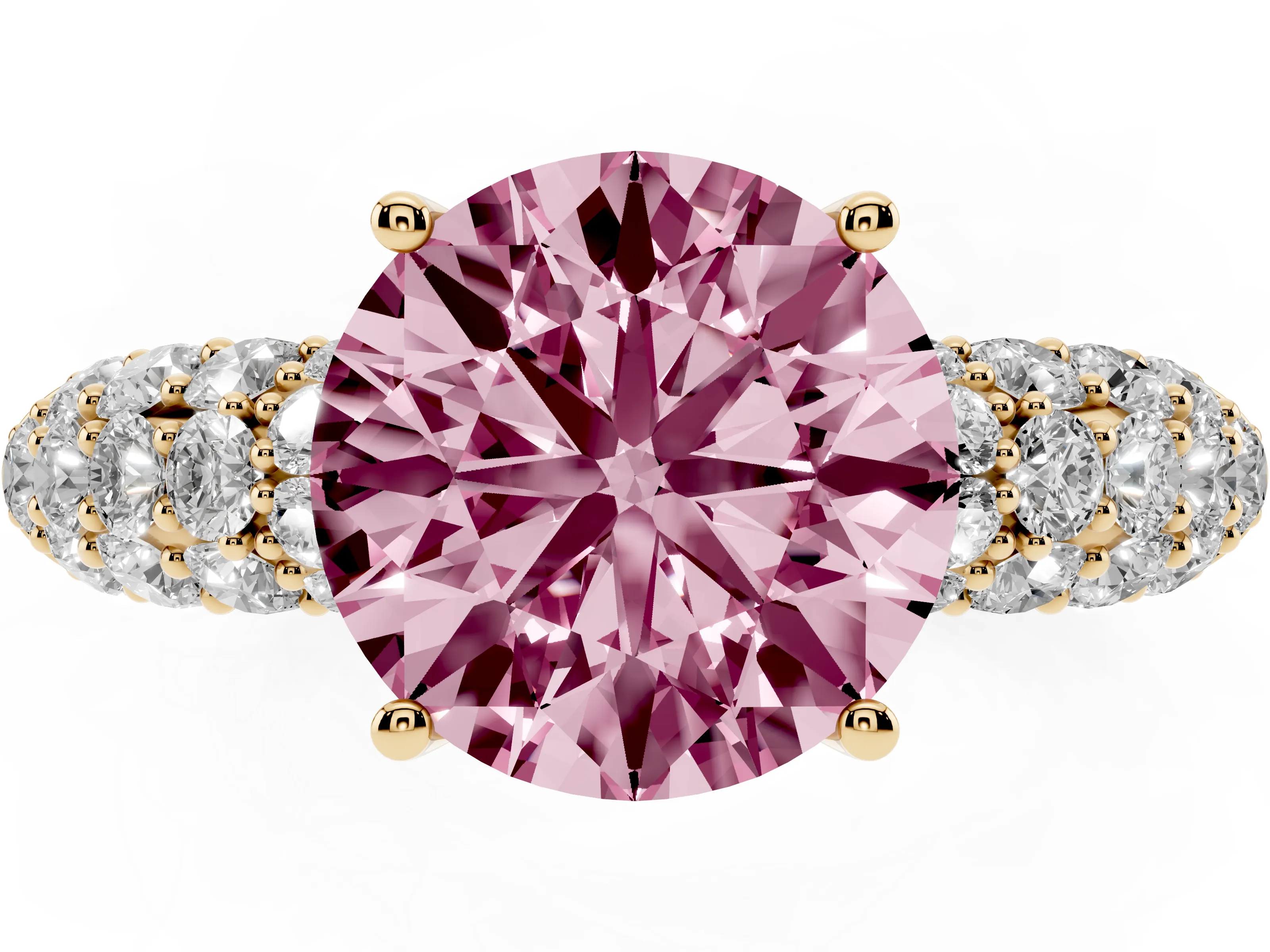 Fancy Pink Round Cut Diamond Pavé Band Solitaire Ring Set in Yellow gold with Close-Set Accent Stones and Prong Setting
