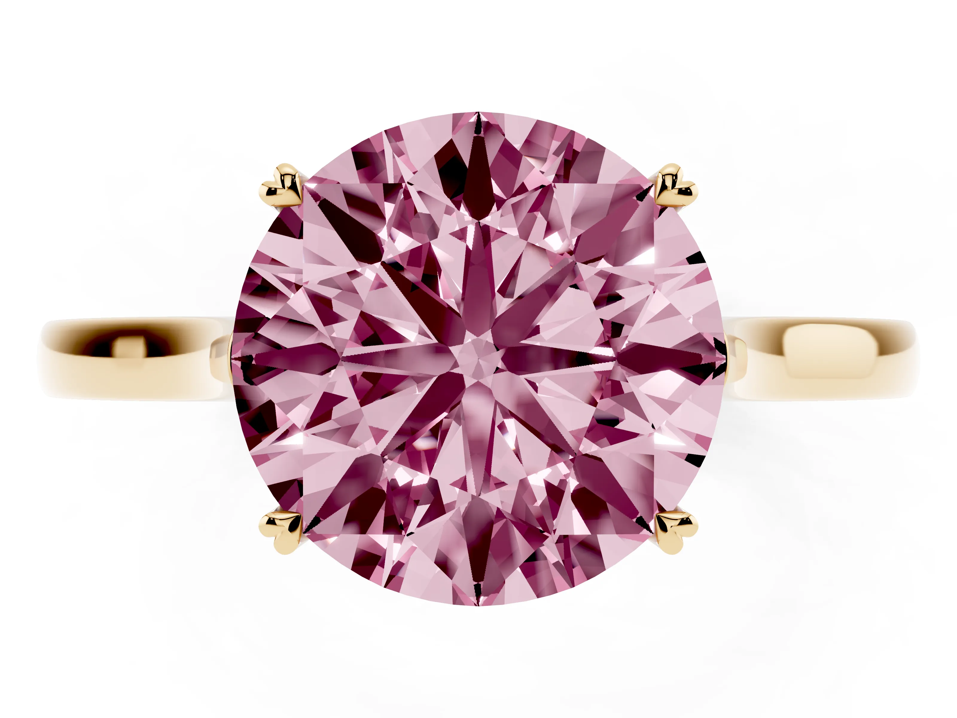 Fancy Pink Round Cut Diamond Solitaire Heart Prong Engagement Ring Set in Yellow gold with Tapered Band