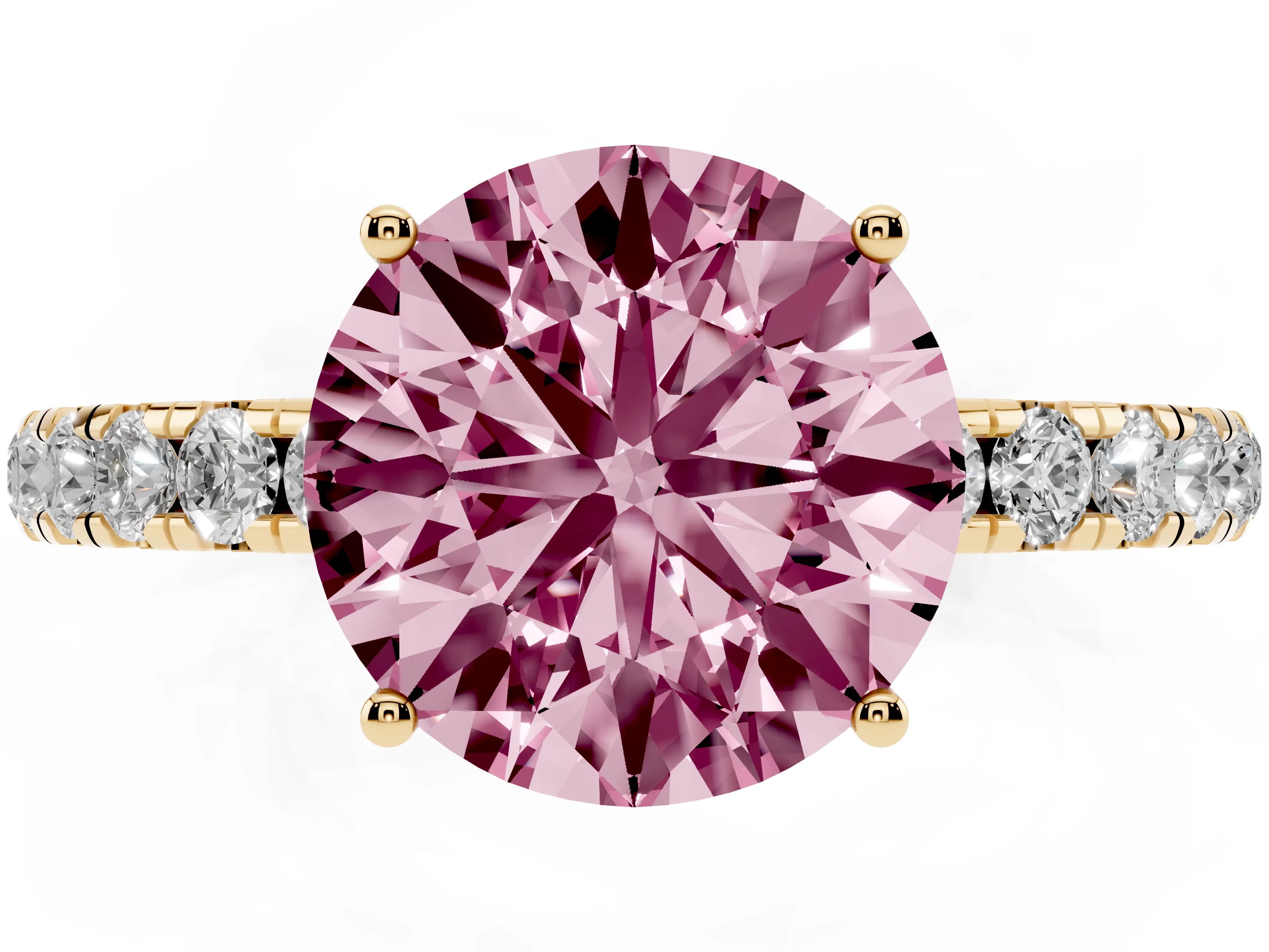 Fancy Pink Round Cut Diamond Pavé Solitaire Engagement Ring Set in Yellow gold with Prong Setting