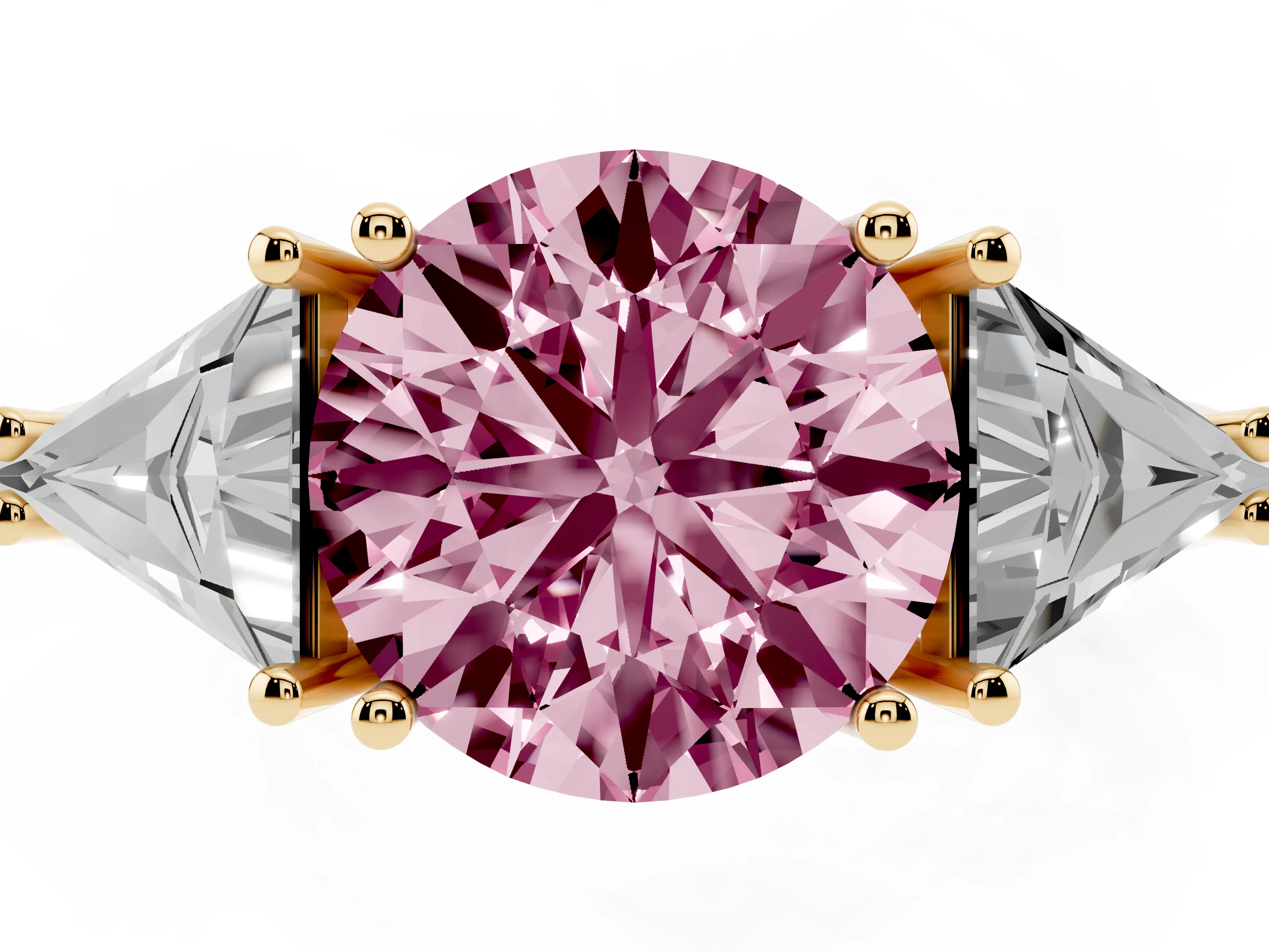Fancy Pink Round Cut Diamond Three-Stone Engagement Ring Set in Yellow gold with Trillion Side Stones