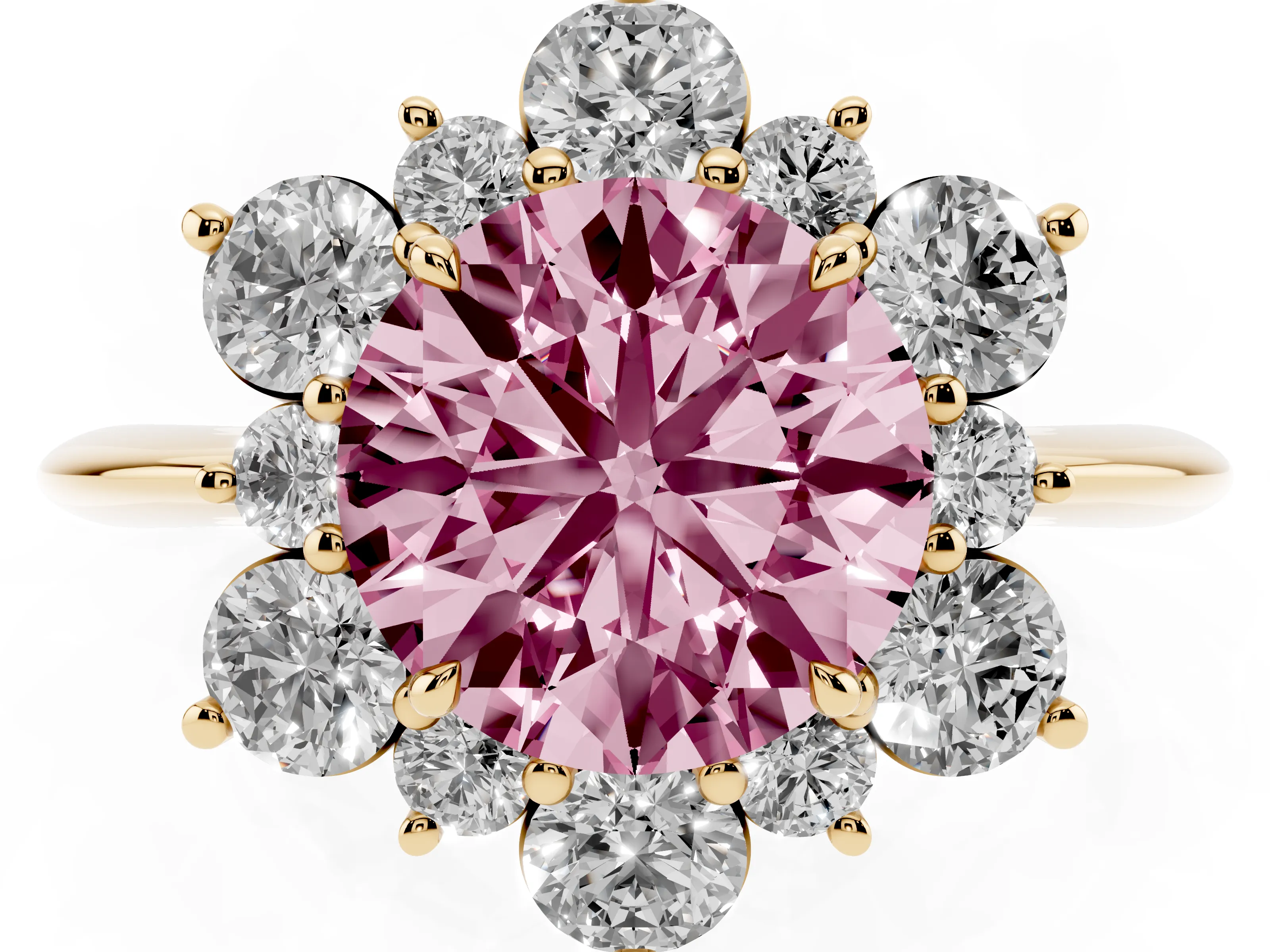 Fancy Pink Round Cut Diamond Cluster Halo Ring Set in Yellow gold with Solitaire Band and Prong Setting