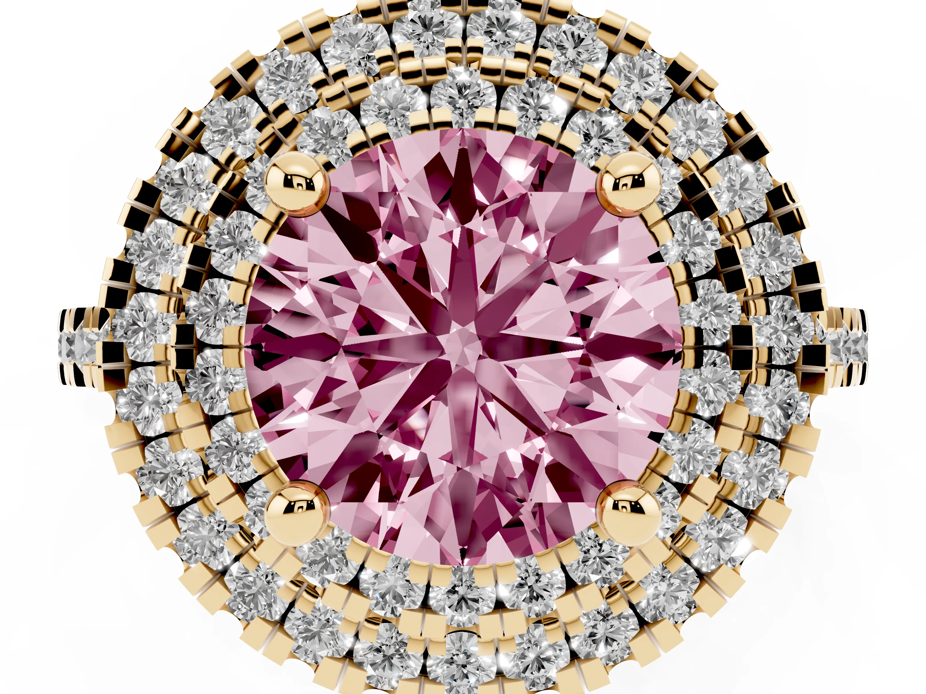 Fancy Pink Round Cut Diamond Double Halo Statement Ring Set in Yellow gold with Pavé Band