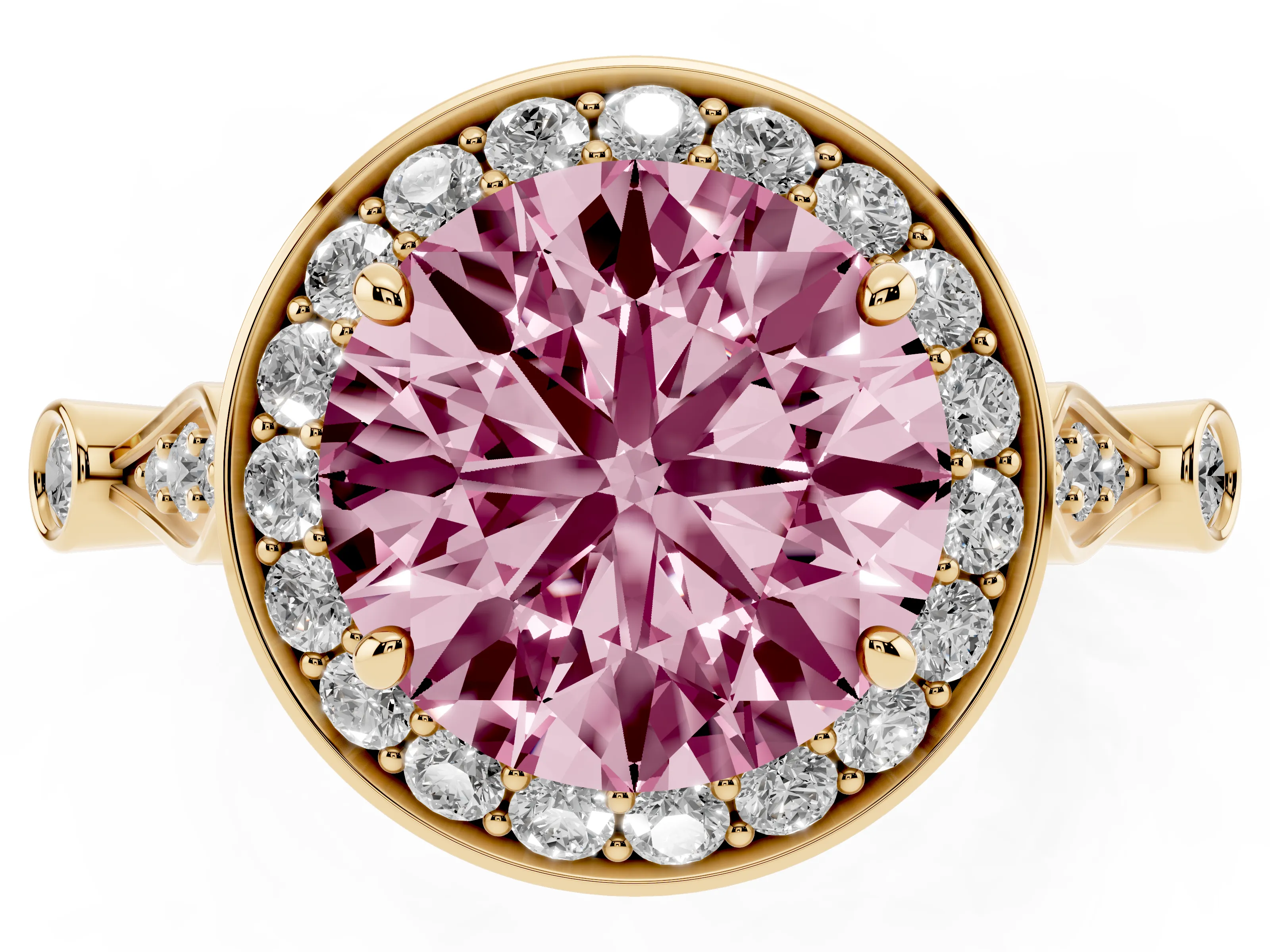 Fancy Pink Round Cut Diamond Halo Engagement Ring Set in Yellow gold with Twisted Band and Prong Setting