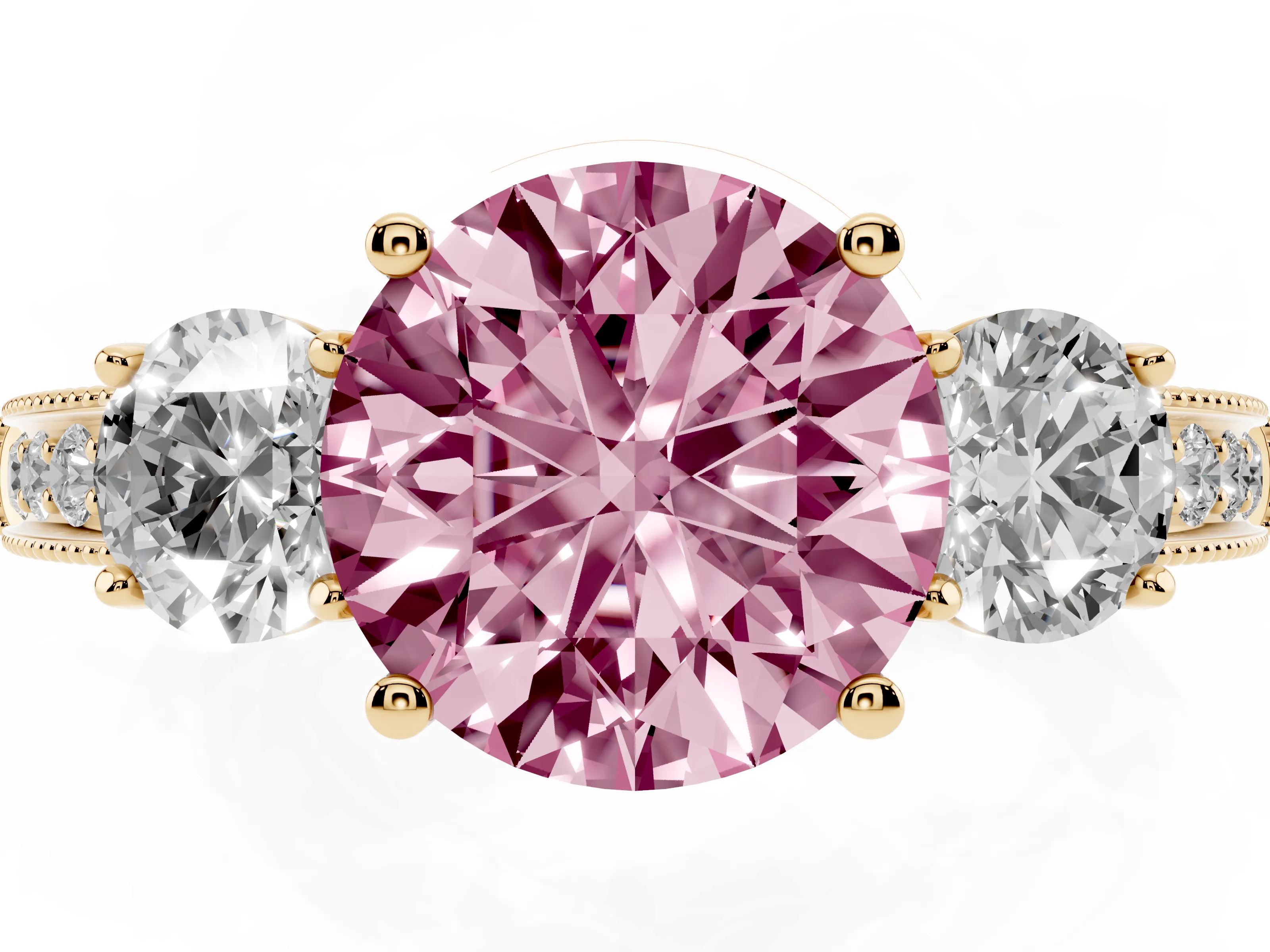 Fancy Pink Round Cut Diamond Three-Stone Ring Set in Yellow gold with Round Side Stones and Pavé Band