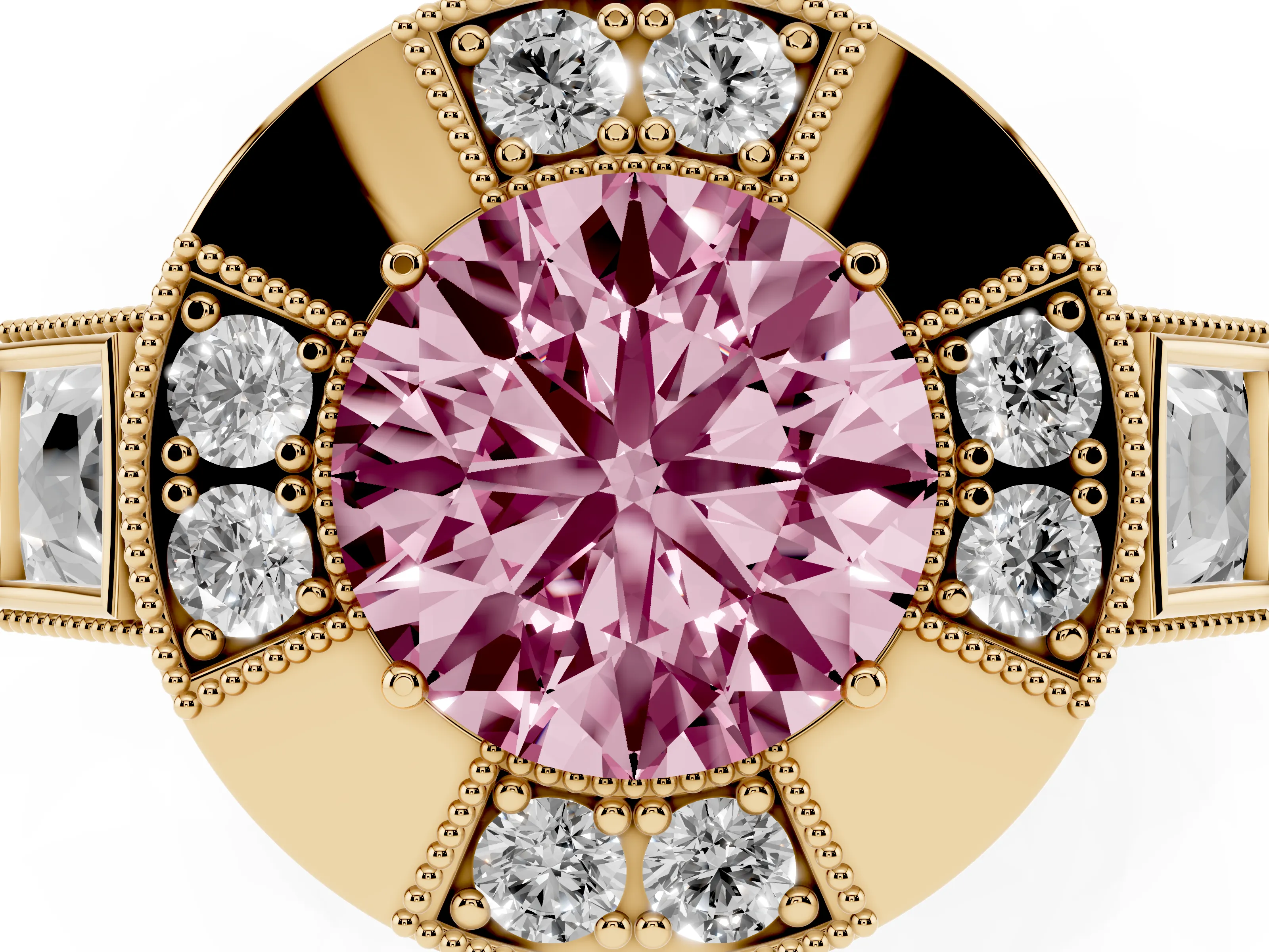 Fancy Pink Round Cut Diamond Milgrain Halo Ring Set in Yellow gold with Split Shank