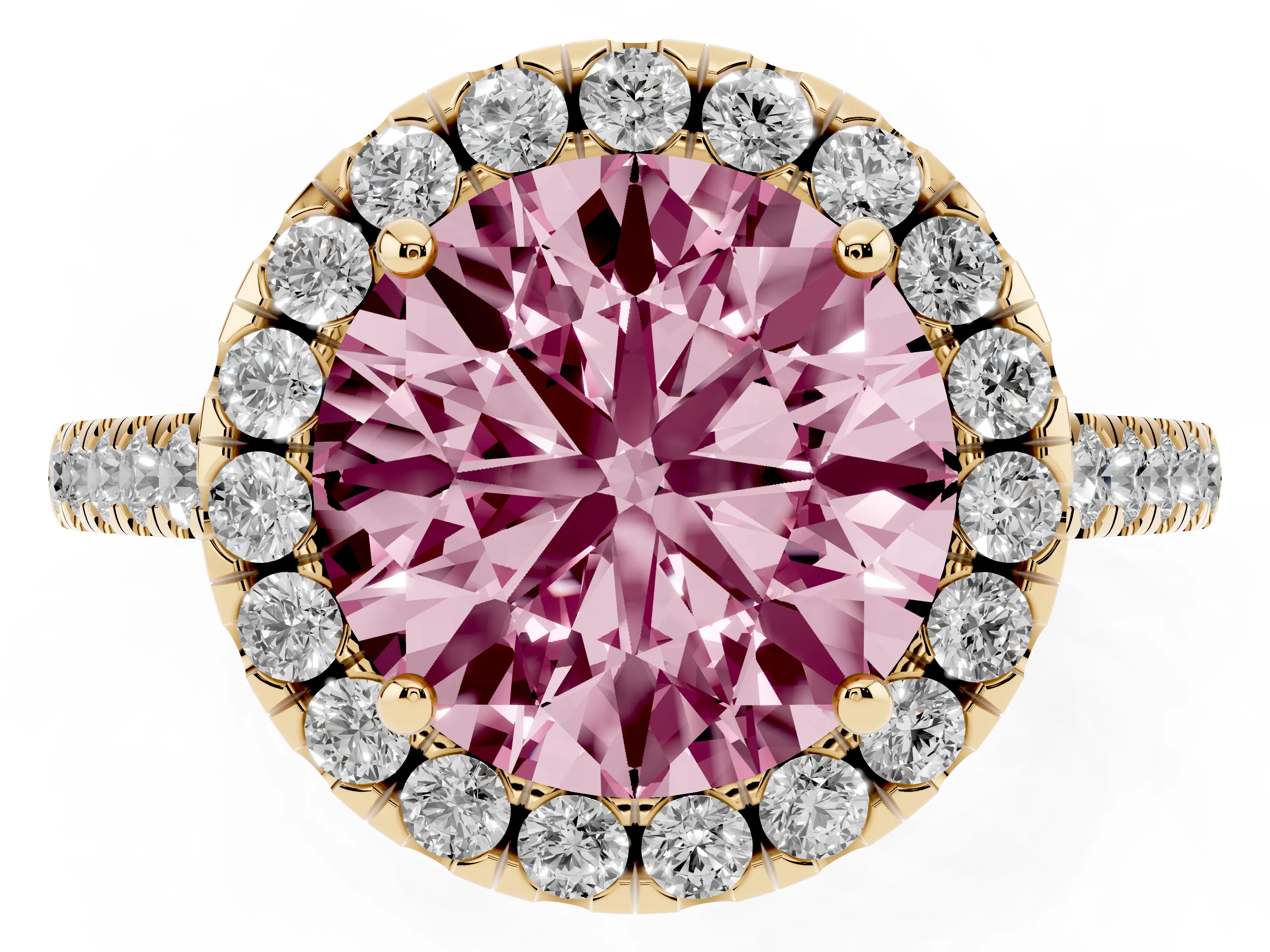 Fancy Pink Round Cut Diamond Pavé Halo Engagement Ring Set in Yellow gold with Pavé Band and Prong Setting