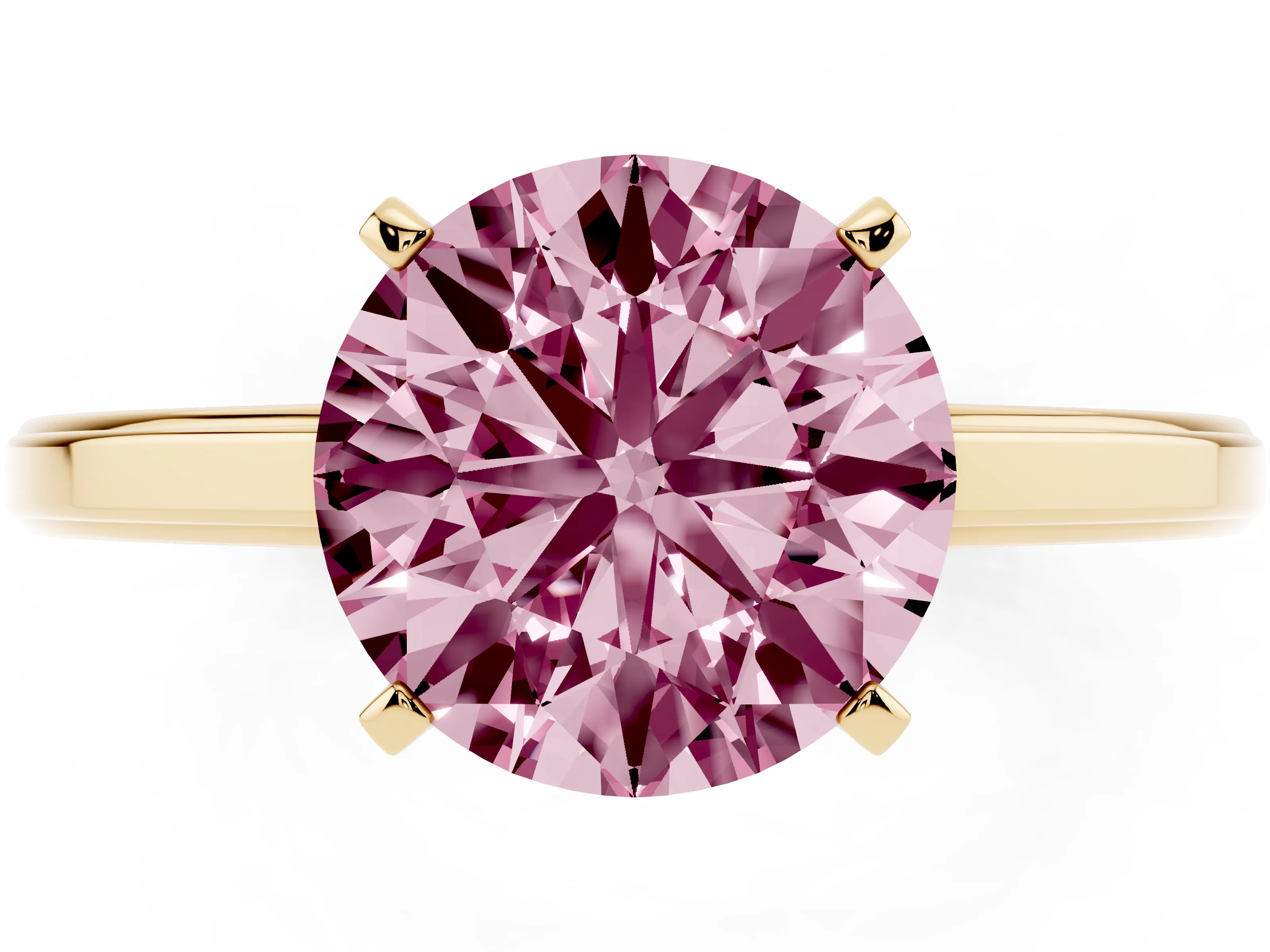 Fancy Pink Round Cut Diamond Solitaire Ring Set in Yellow gold with Prong Setting and Classic Band