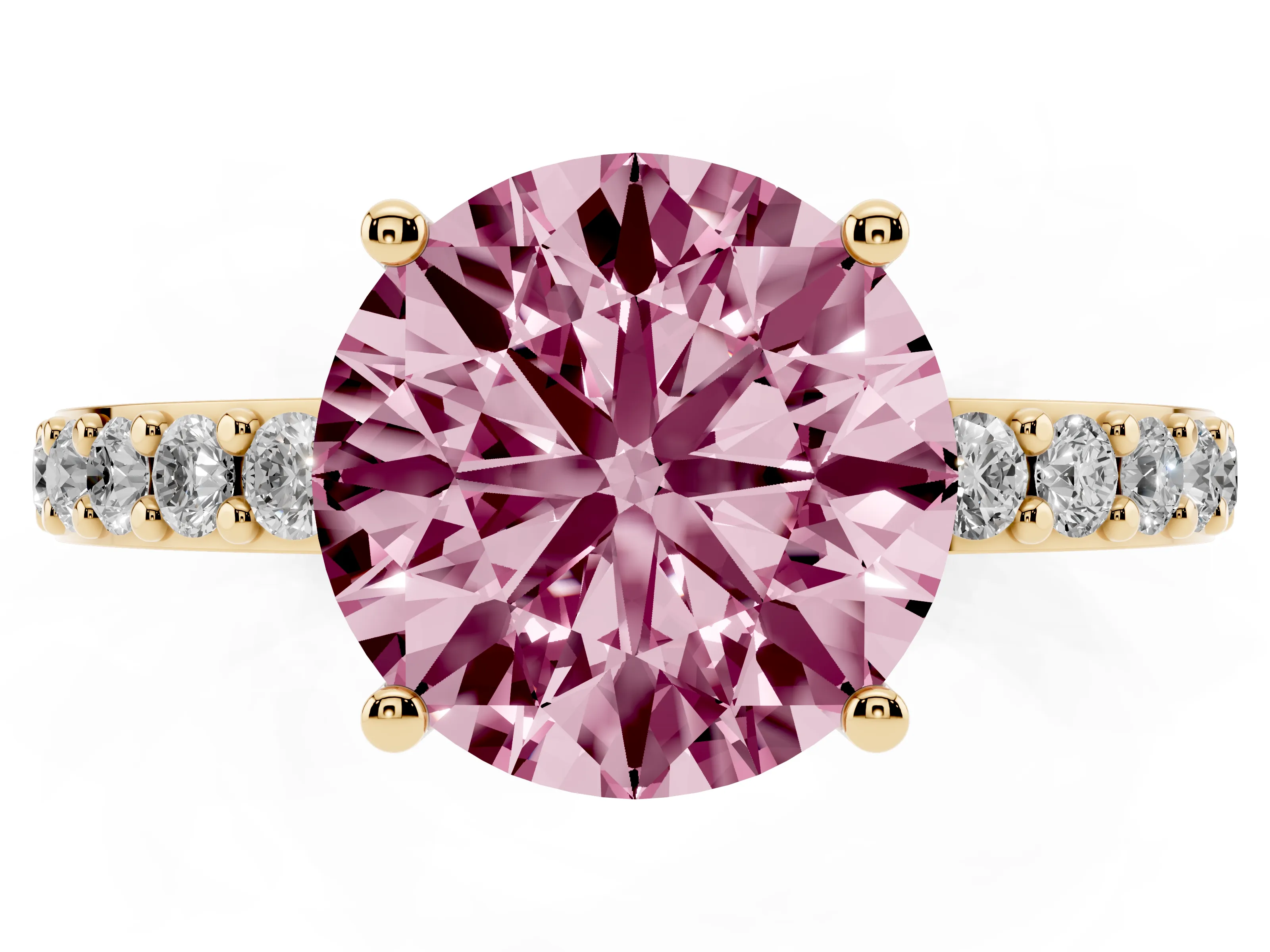 Fancy Pink Round Cut Diamond Solitaire Set in Yellow gold with Round Pavé Band and Prong Setting