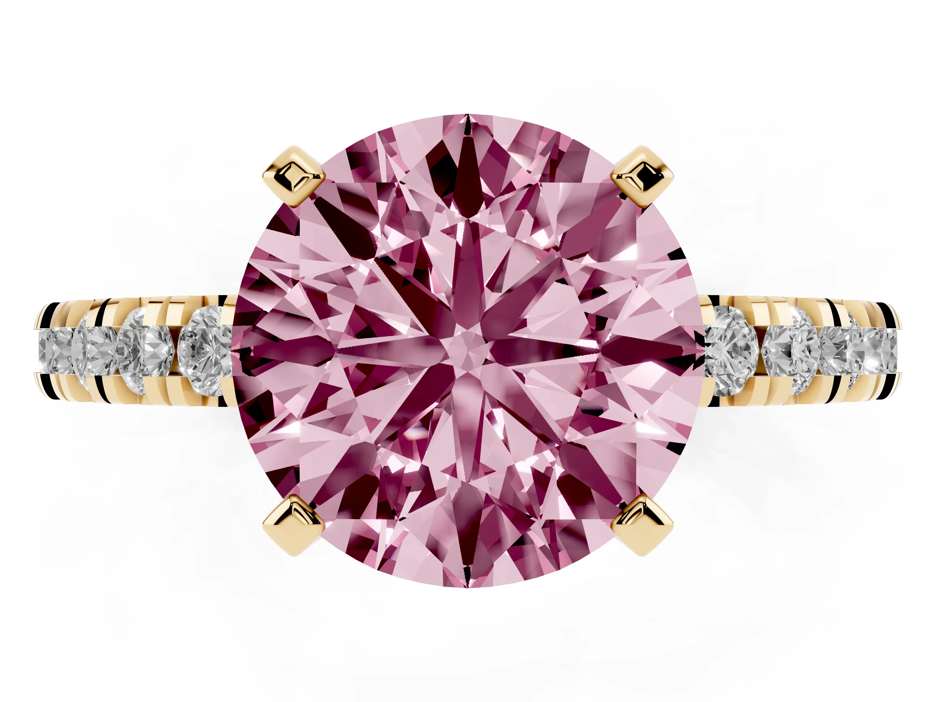 Fancy Pink Round Cut Diamond Pavé Band Solitaire Set in Yellow gold with Prong Setting