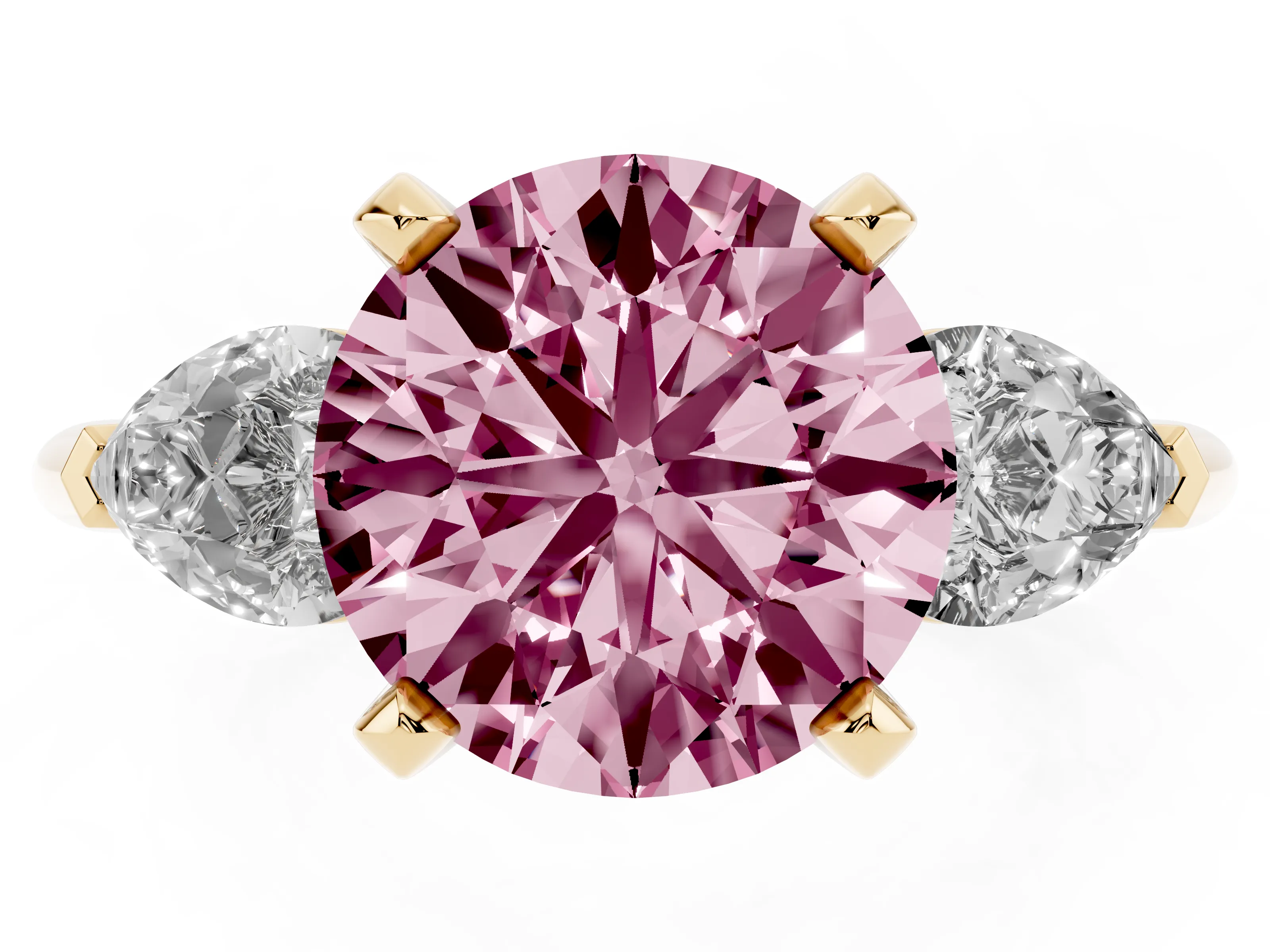 Fancy Pink Three-Stone Round Cut Diamond Ring Set in Yellow gold with Pear Side Stones and Prong Setting