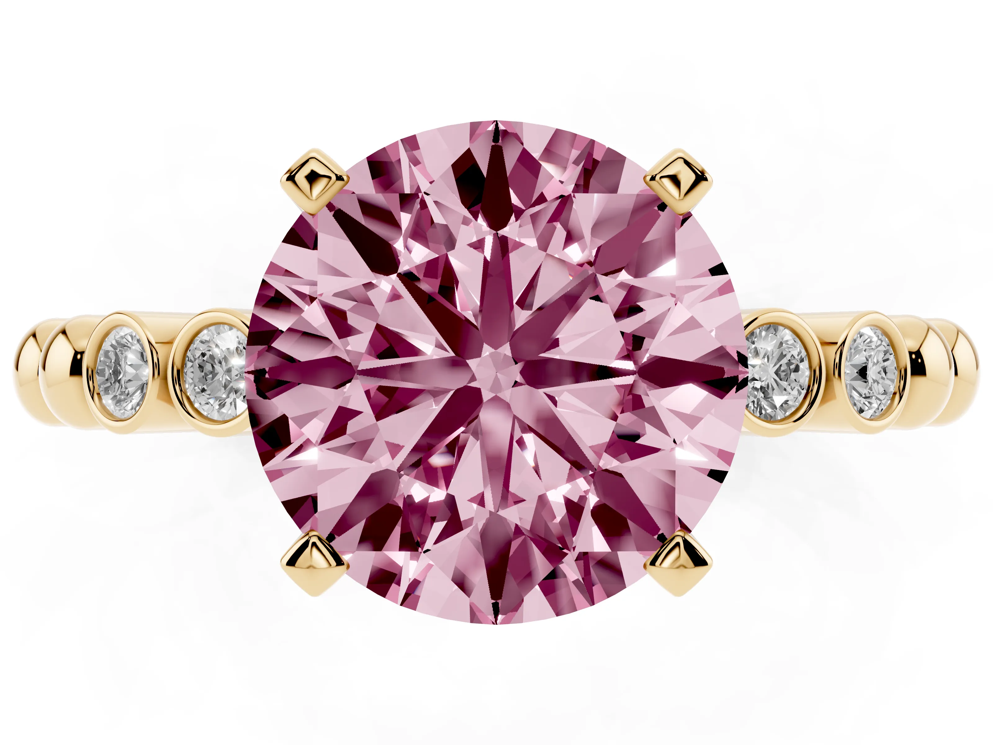 Fancy Pink Round Cut Diamond Solitaire Engagement Ring Set in Yellow gold with Bezel Accents on Beaded Band