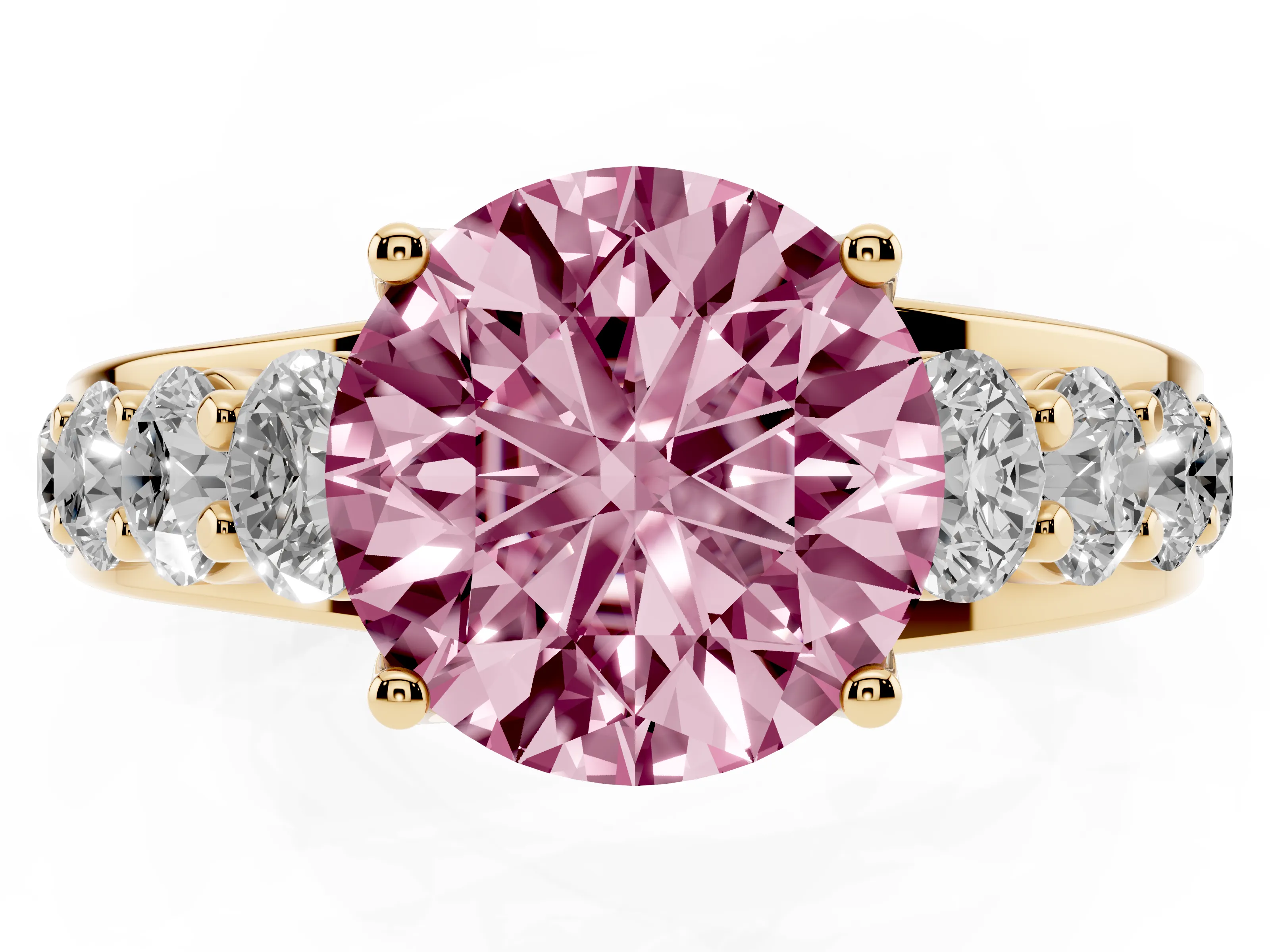 Fancy Pink Round Cut Diamond Pavé Engagement Ring Set in Yellow gold with Prong Setting