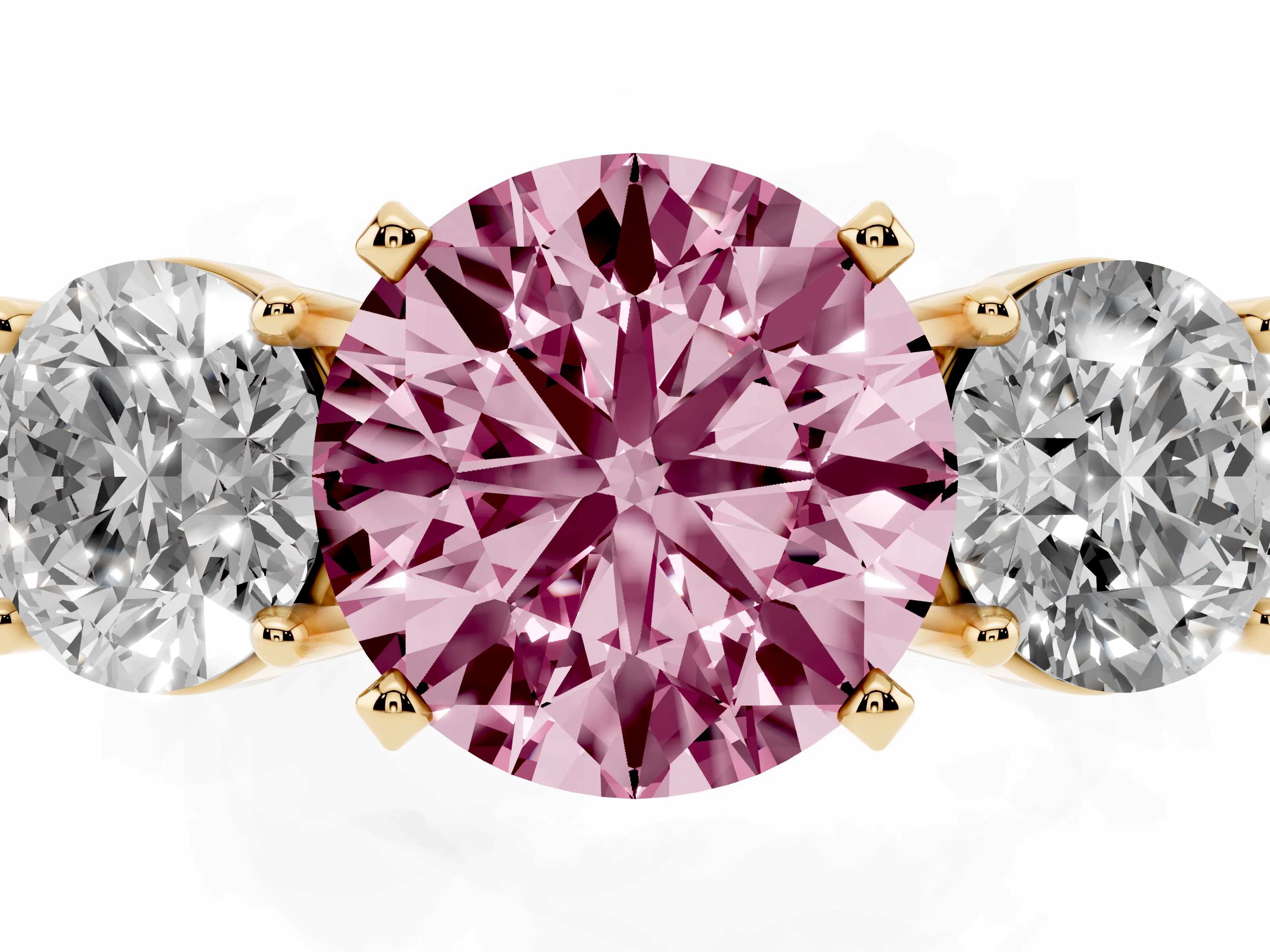 Fancy Pink Round Cut Diamond Three-Stone Ring Set in Yellow gold with Round Side Stones and Classic Band