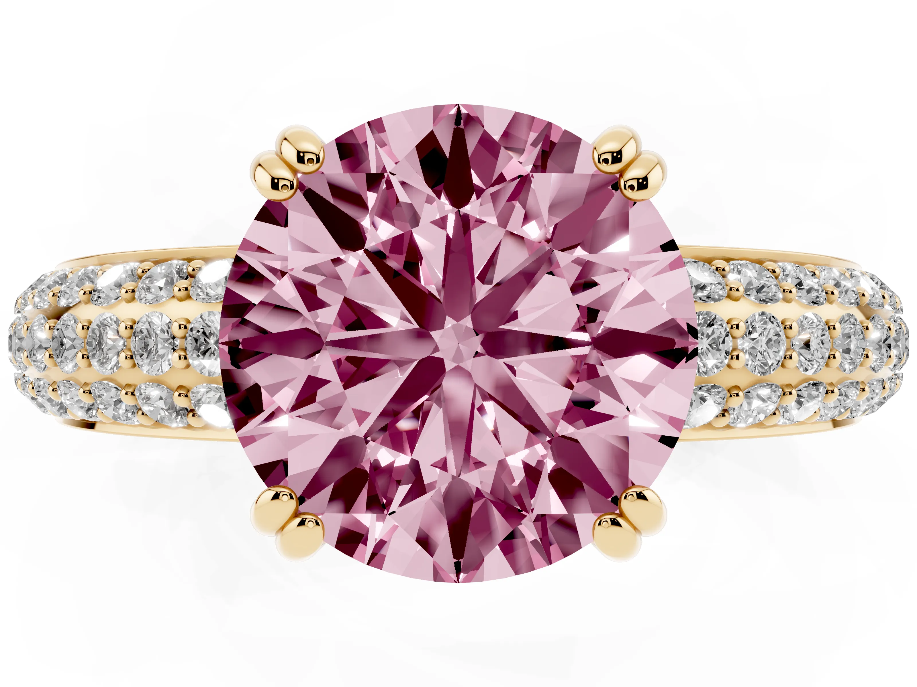 Fancy Pink Round Cut Diamond Solitaire Ring Set in Yellow gold with Multi-Row Round Pavé Band and Prong Setting