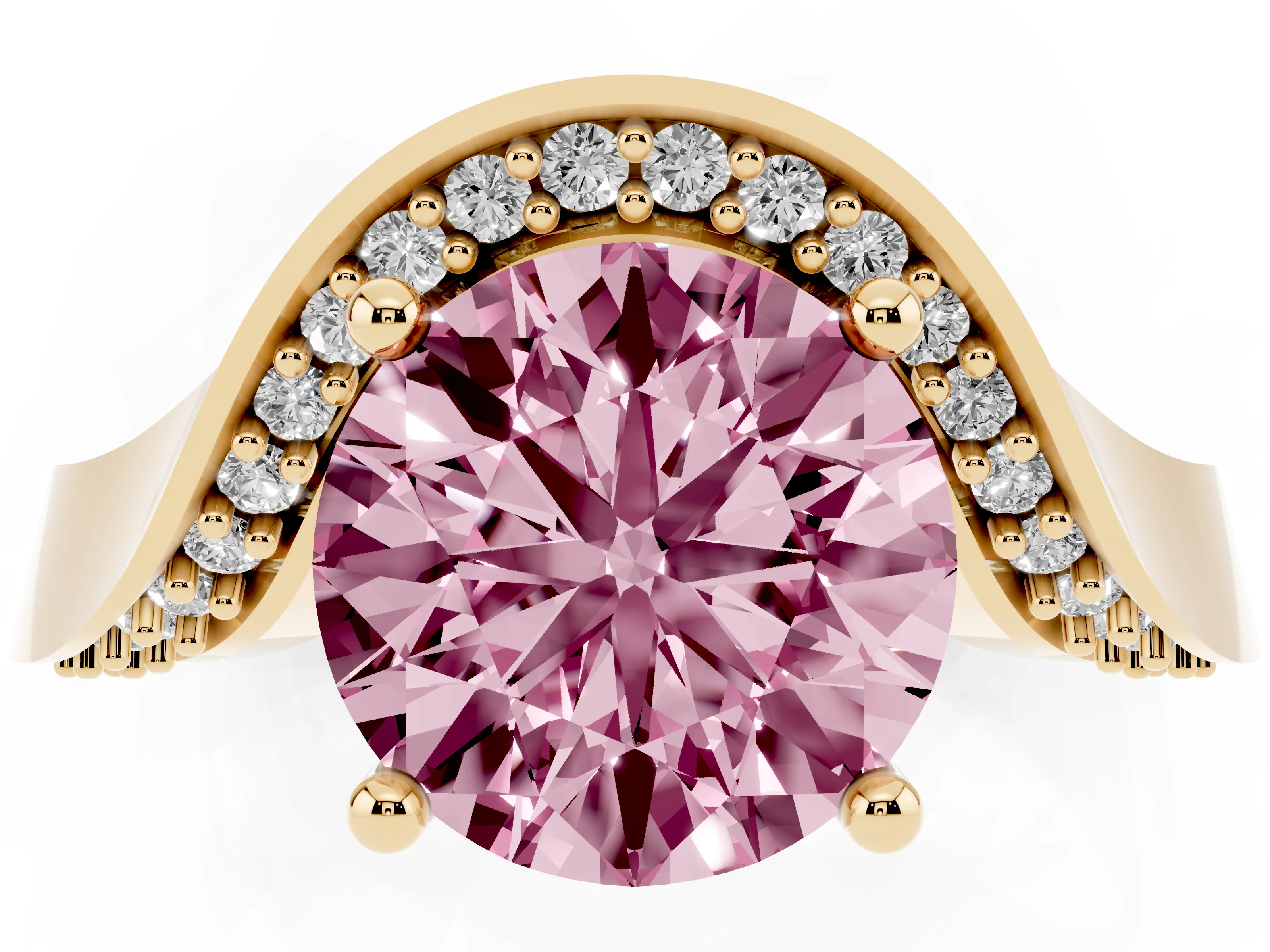 Fancy Pink Round Cut Diamond Solitaire Engagement Ring Set in Yellow gold with Pavé Shoulders