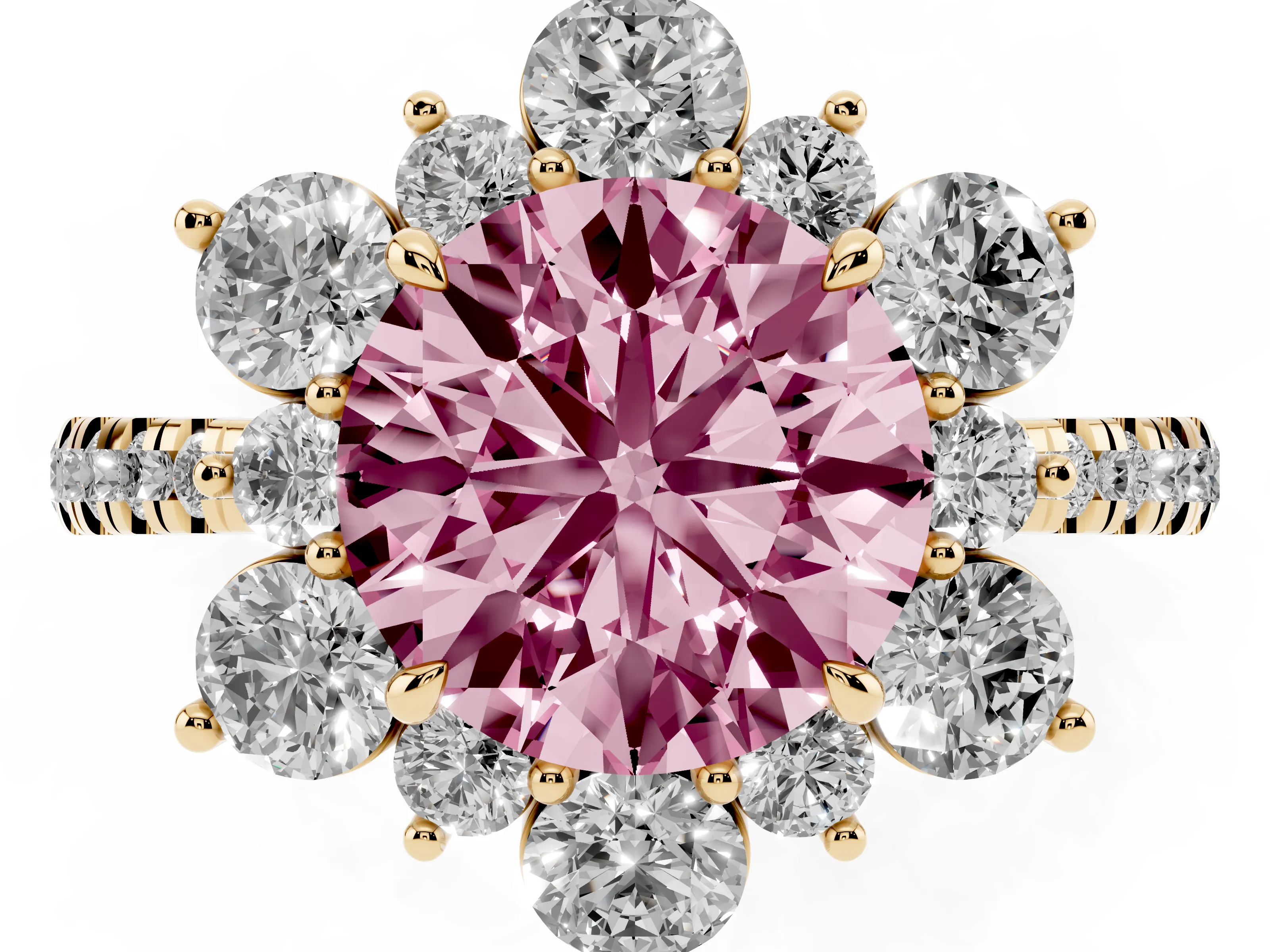 Fancy Pink Round Cut Diamond Floral Halo Ring Set in Yellow gold with Round Pavé Band and Prong Setting