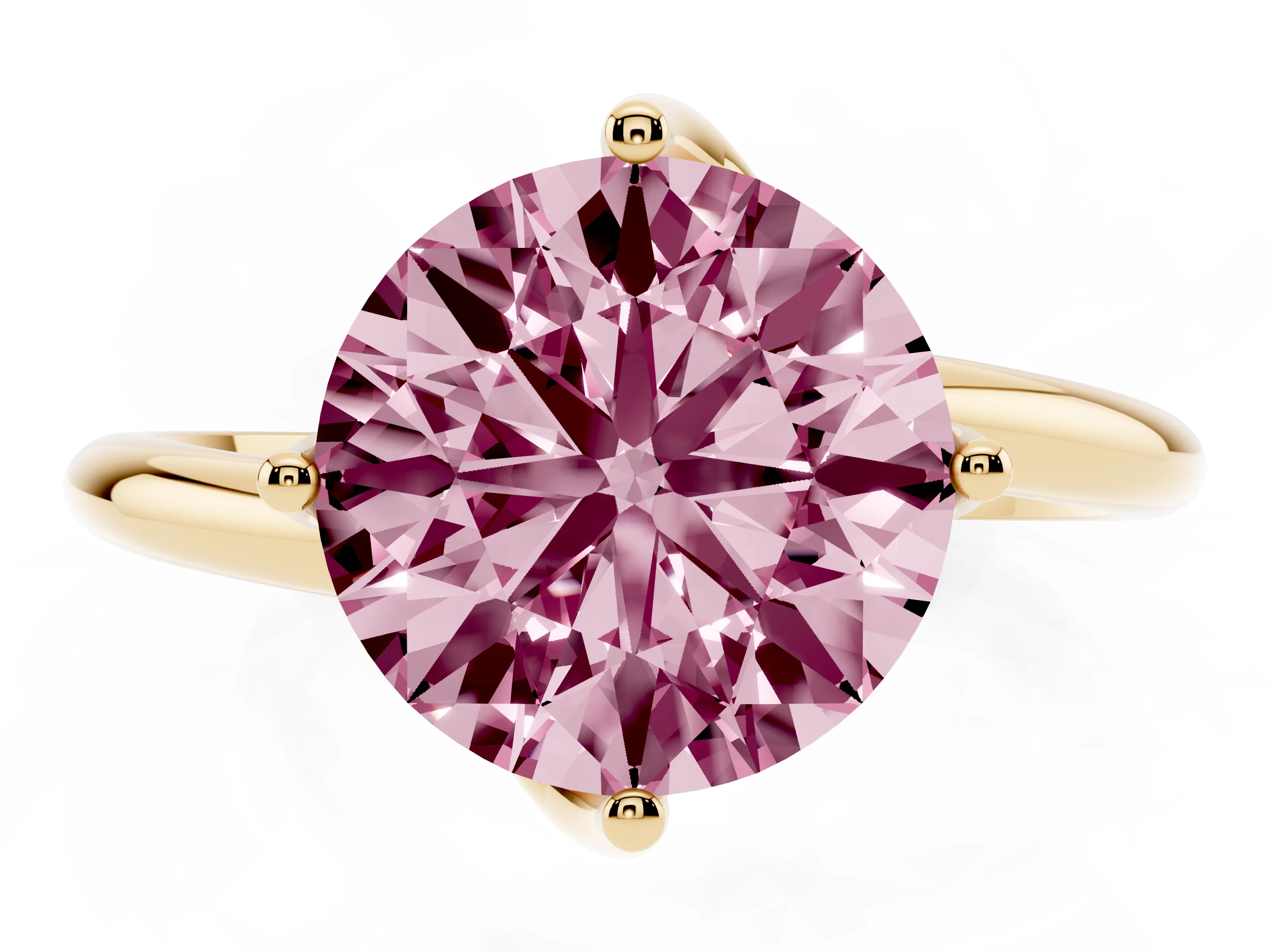 Fancy Pink Round Cut Diamond Solitaire Engagement Ring Set in Yellow gold with Classic Plain Band