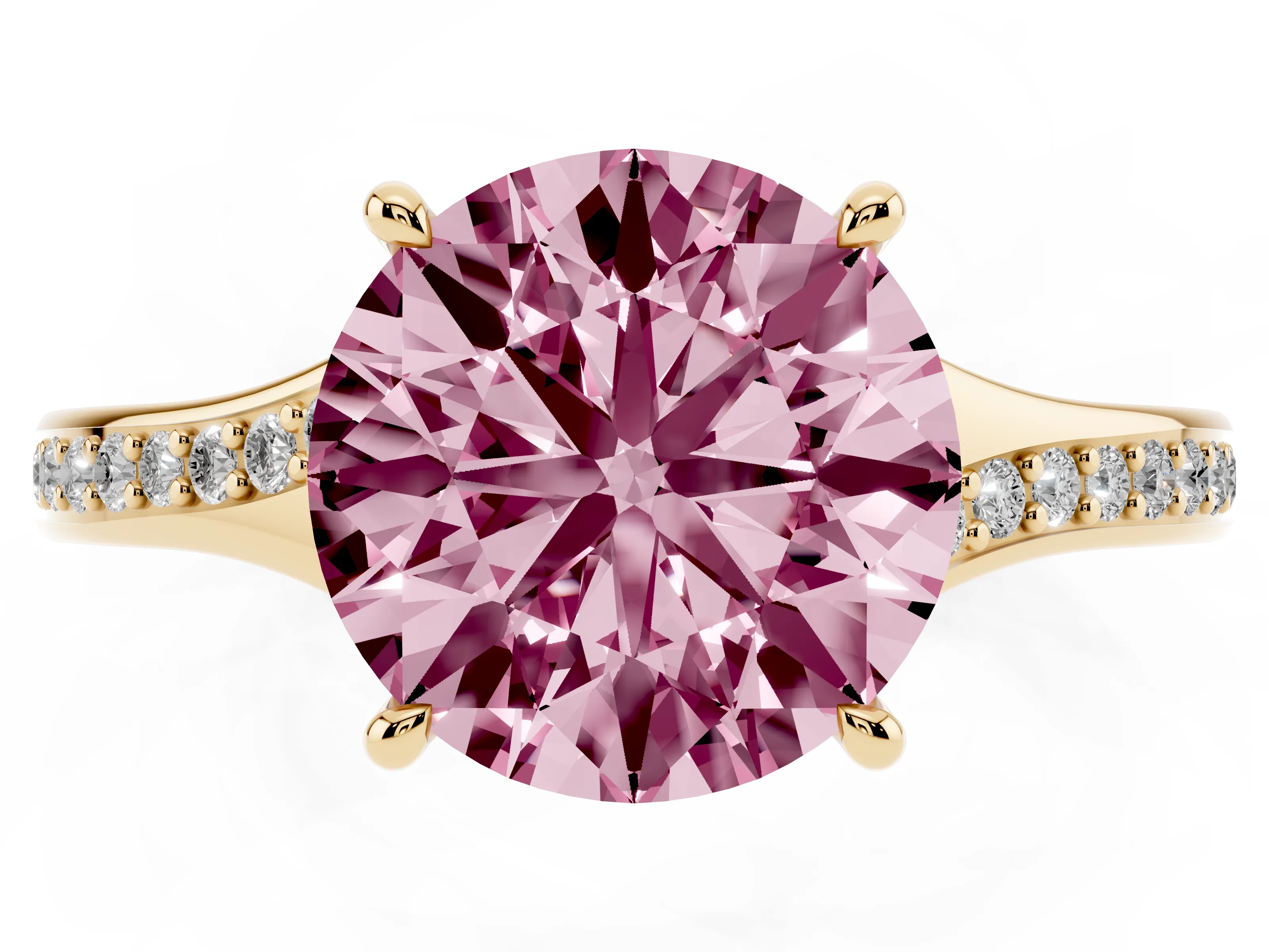 Fancy Pink Round Cut Diamond Solitaire Ring Set in Yellow gold with Pavé Accent Band and Classic Prong Setting