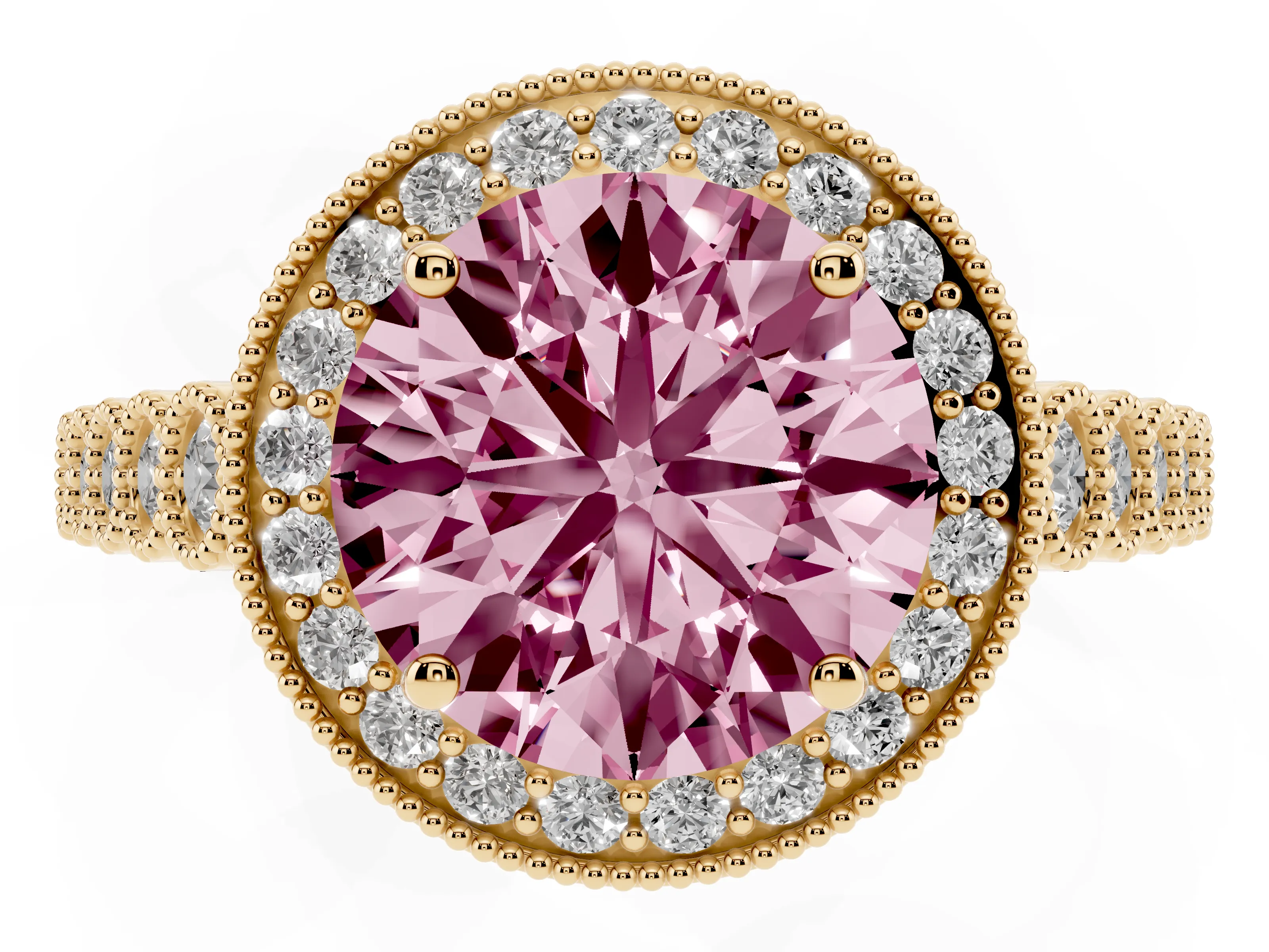 Fancy Pink Round Cut Diamond Milgrain Halo Solitaire Ring Set in Yellow gold with Bezel Set Side Stones and Pavé Band