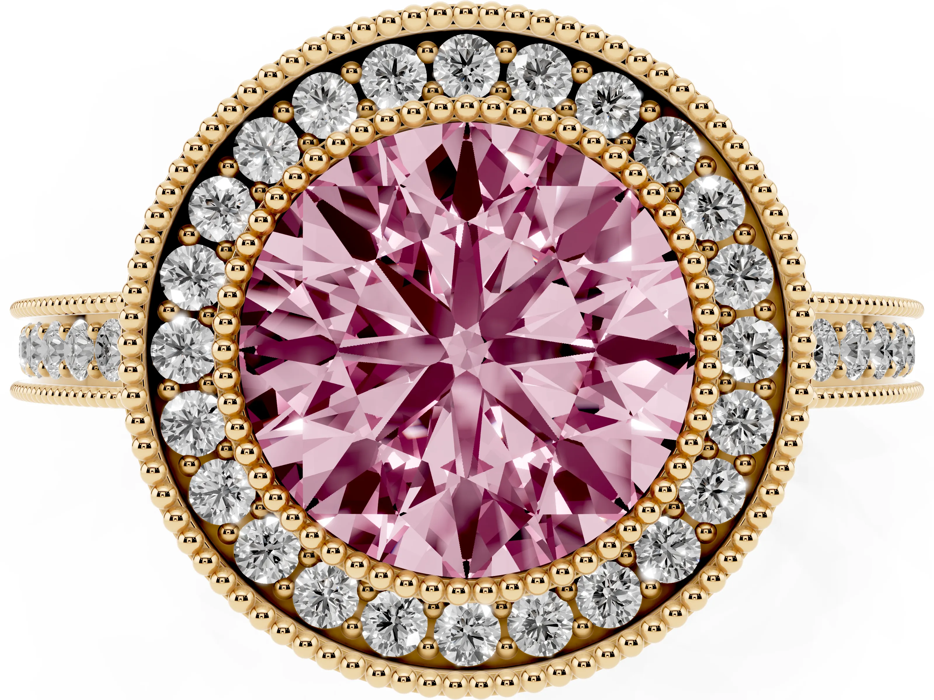 Fancy Pink Round Cut Diamond Halo Ring Set in Yellow gold with Pavé Band and Milgrain-Edged Prongs