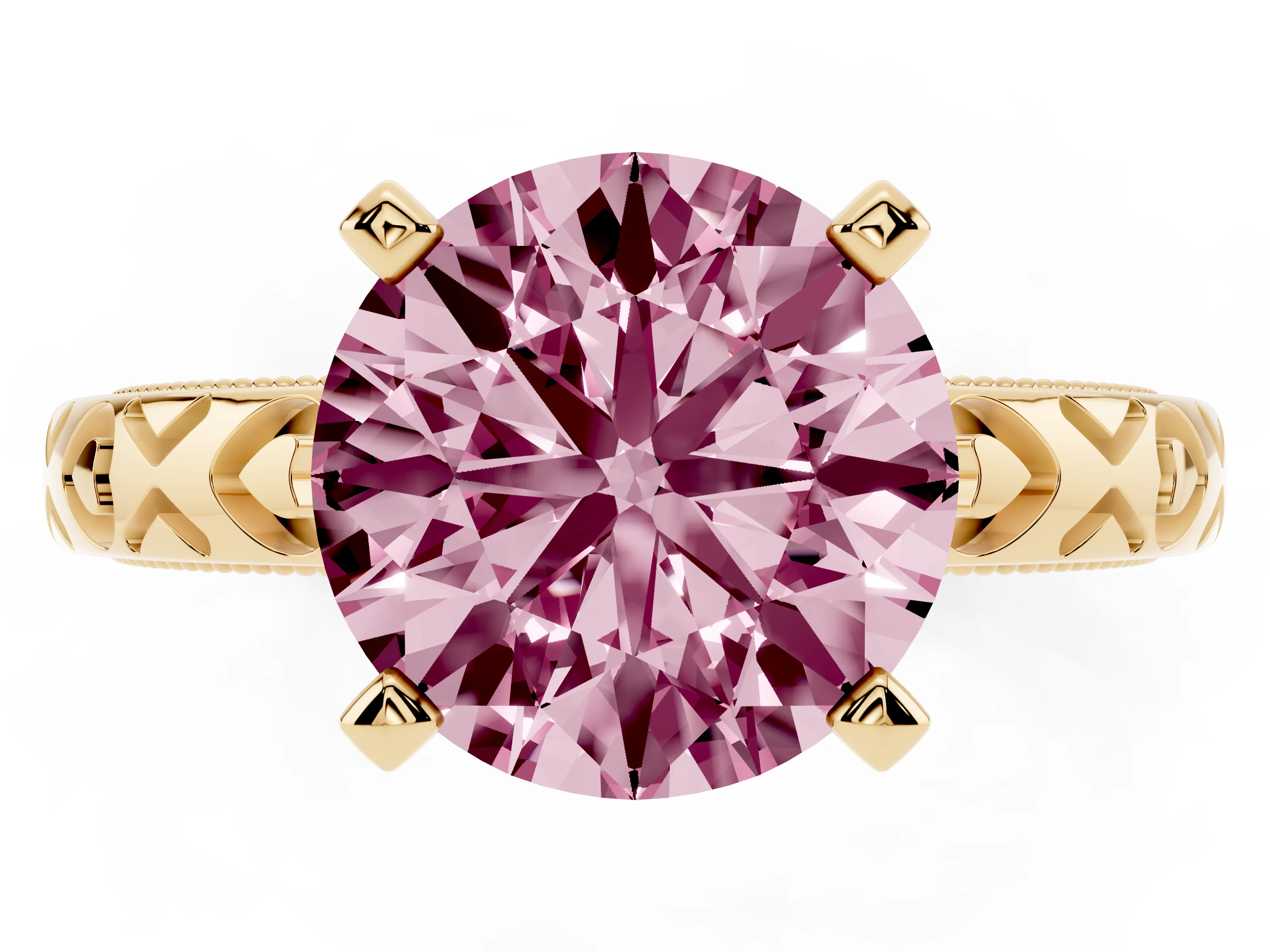 Fancy Pink Round Cut Diamond Solitaire Engagement Ring Set in Yellow gold with XO Engraved Band and Prong Setting