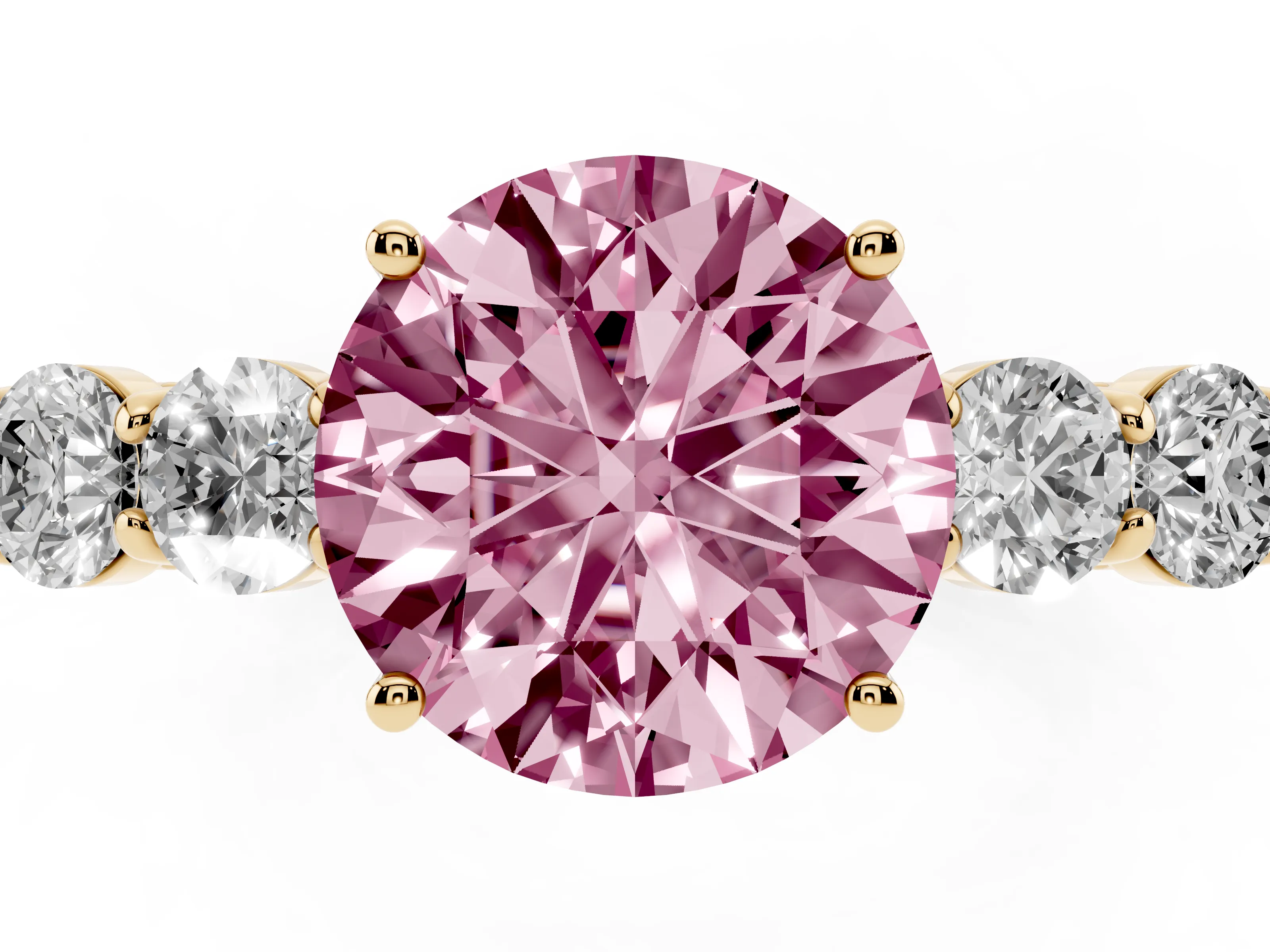 Fancy Pink Round Cut Diamond Five-Stone Prong Set Band Ring Set in Yellow gold with Polished Band