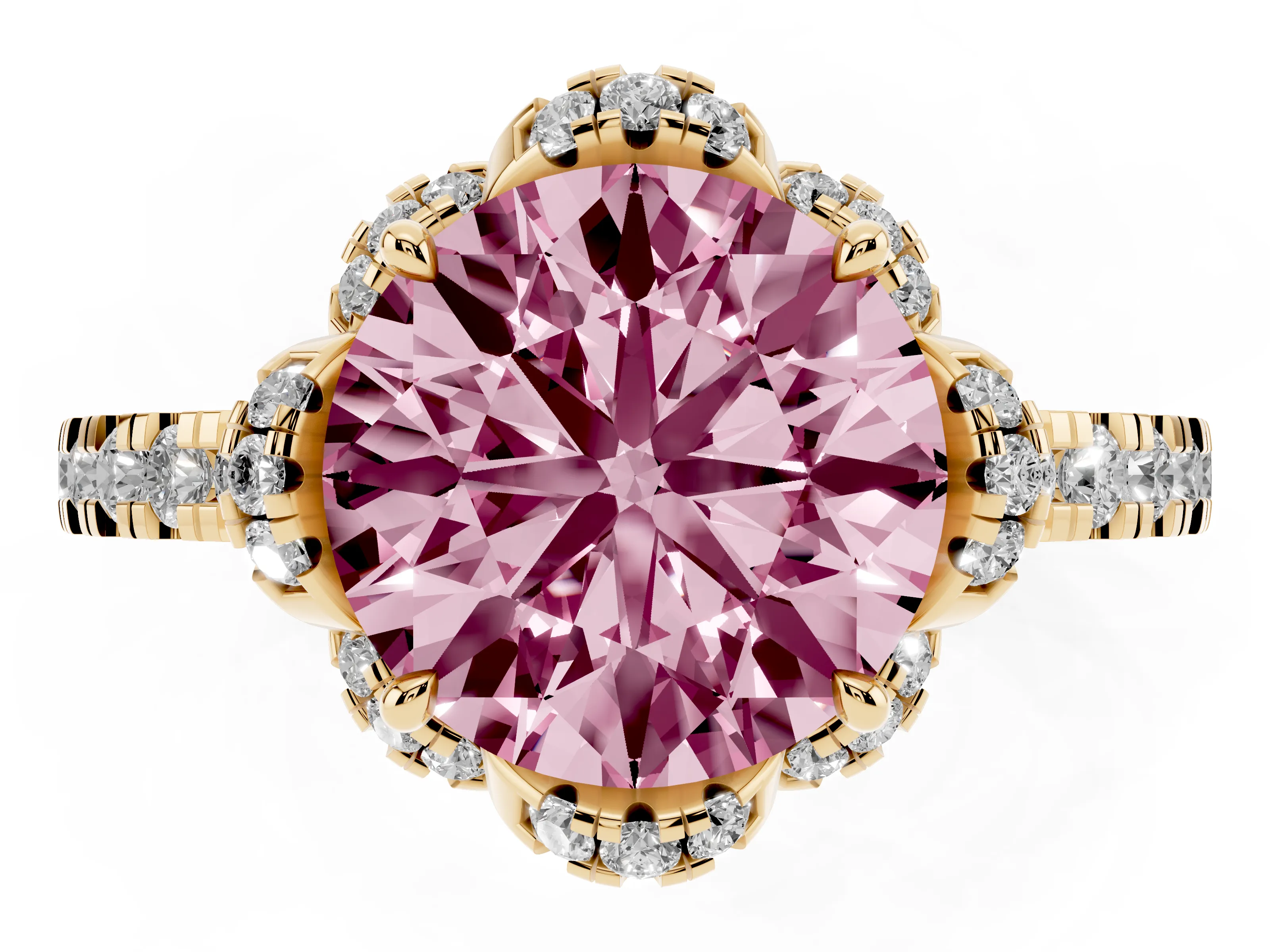 Fancy Pink Round Cut Diamond Halo Pavé Band Ring Set in Yellow gold with Prong-Held Center